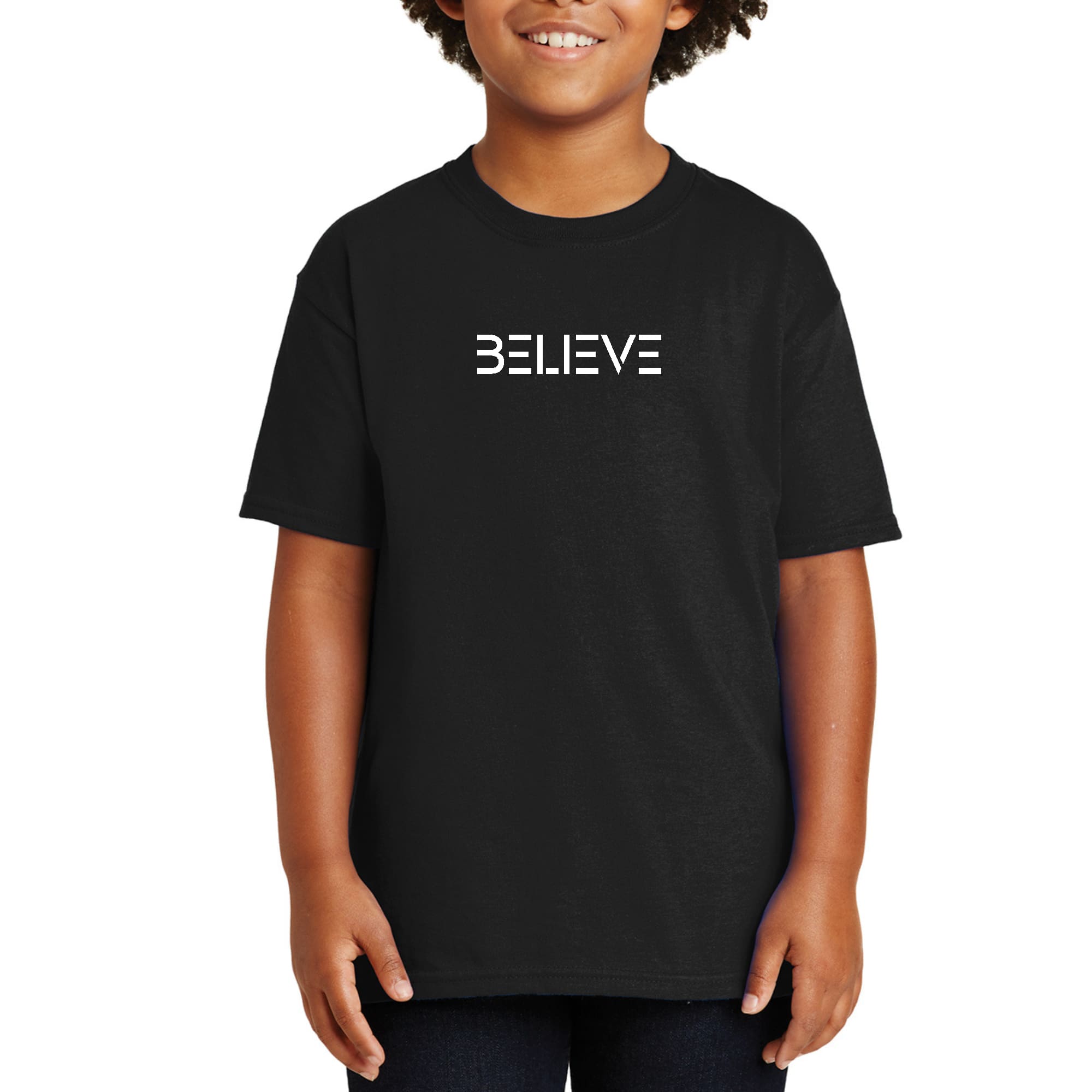 Youth short sleeve T-shirt featuring a motivational 'Believe' white print on soft preshrunk cotton fabric, perfect for boys and girls.