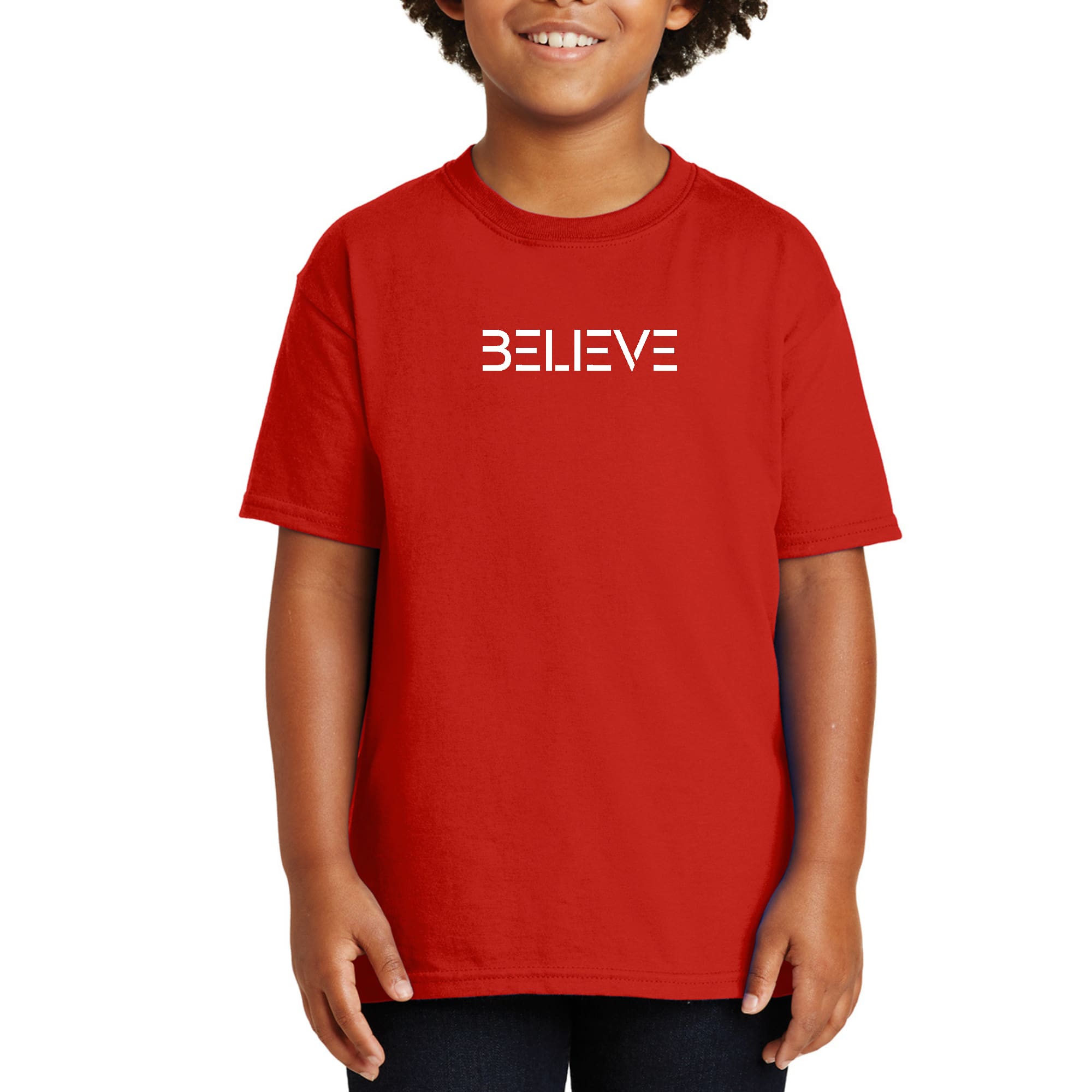 Youth short sleeve T-shirt featuring a motivational 'Believe' white print on soft preshrunk cotton fabric, perfect for boys and girls.