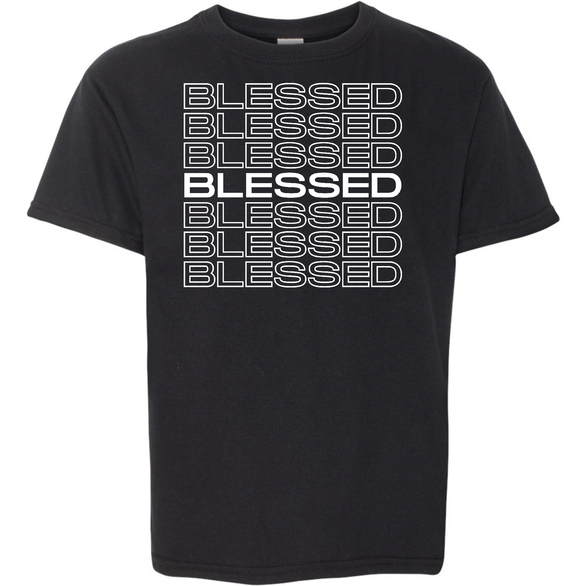 Youth Short Sleeve T-shirt featuring a Blessed Stacked Print design, made from soft preshrunk cotton, showcasing vibrant colors and a comfortable fit.