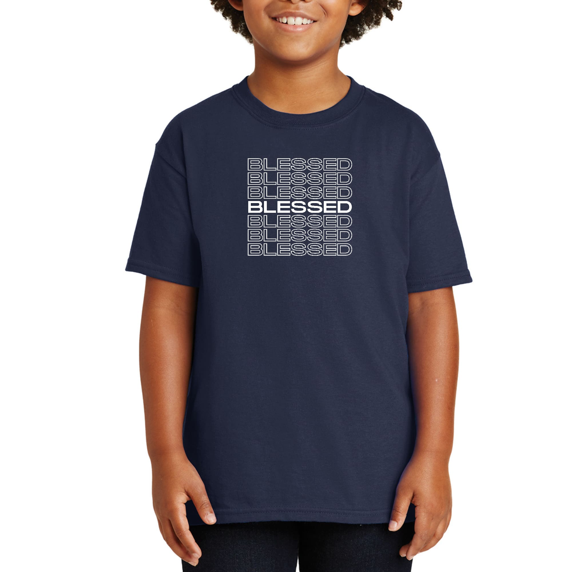 Youth Short Sleeve T-shirt featuring a Blessed Stacked Print design, made from soft preshrunk cotton, showcasing vibrant colors and a comfortable fit.