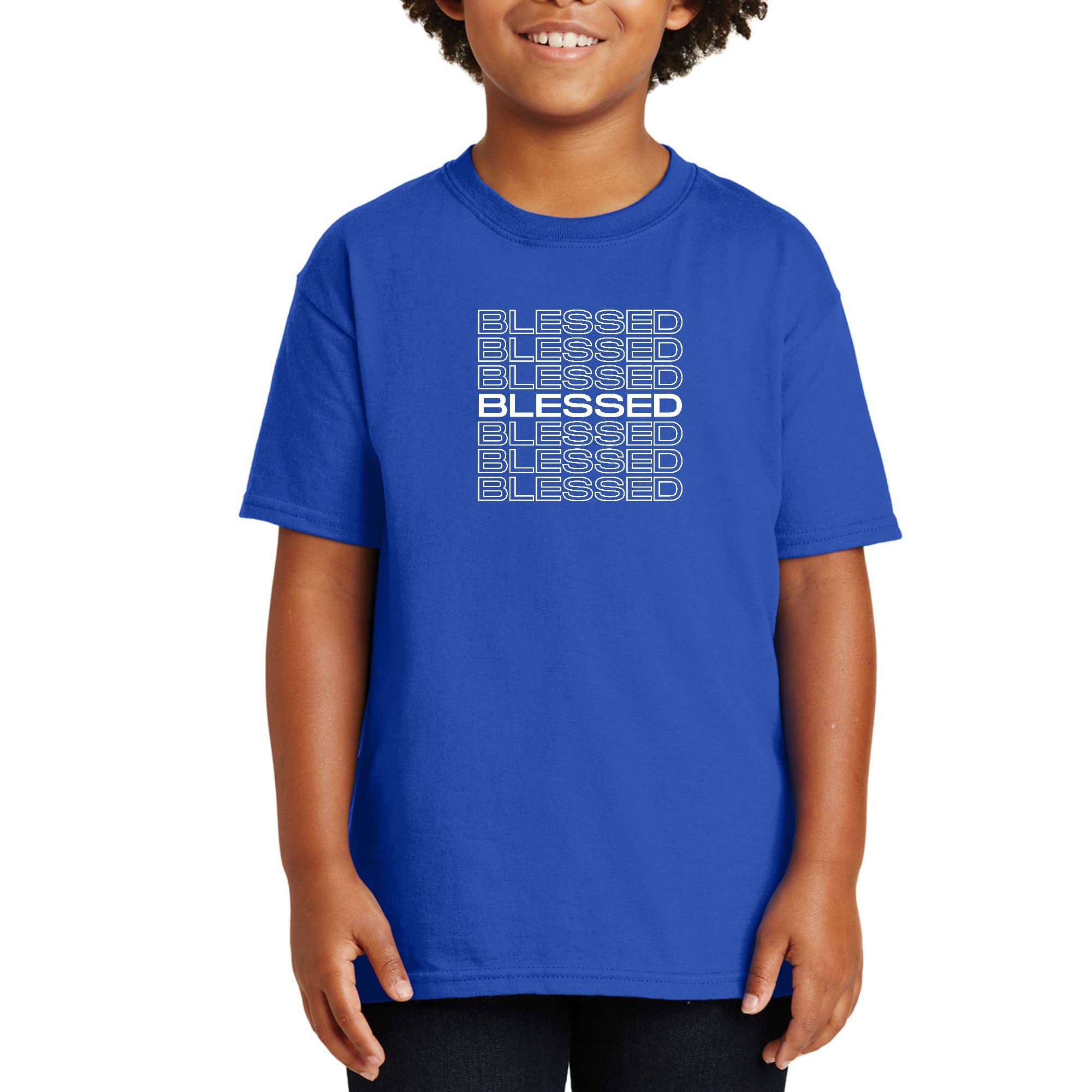 Youth Short Sleeve T-shirt featuring a Blessed Stacked Print design, made from soft preshrunk cotton, showcasing vibrant colors and a comfortable fit.