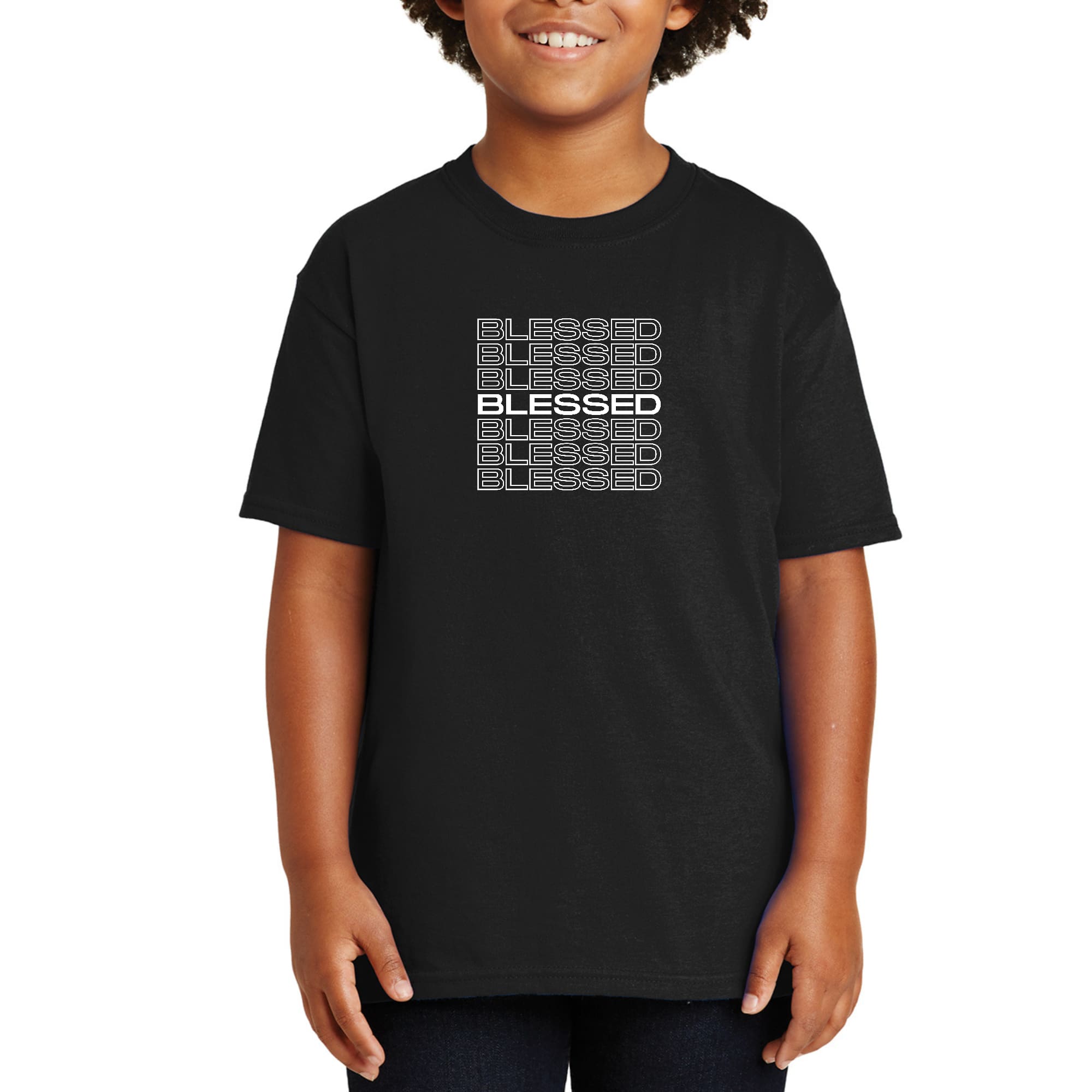 Youth Short Sleeve T-shirt featuring a Blessed Stacked Print design, made from soft preshrunk cotton, showcasing vibrant colors and a comfortable fit.