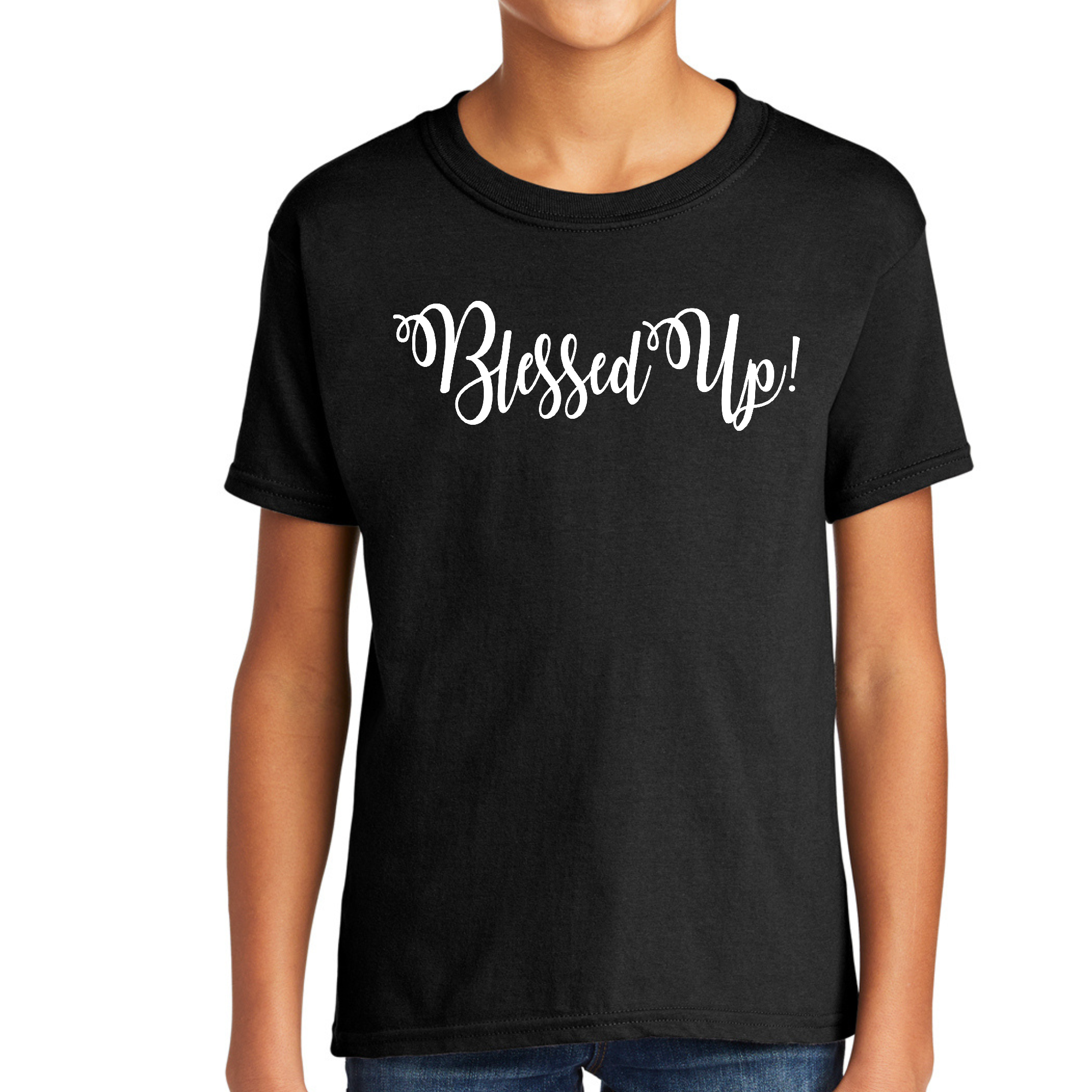 Youth Short Sleeve T-shirt Blessed Up featuring a motivational quote, made from soft preshrunk cotton, ideal for boys.