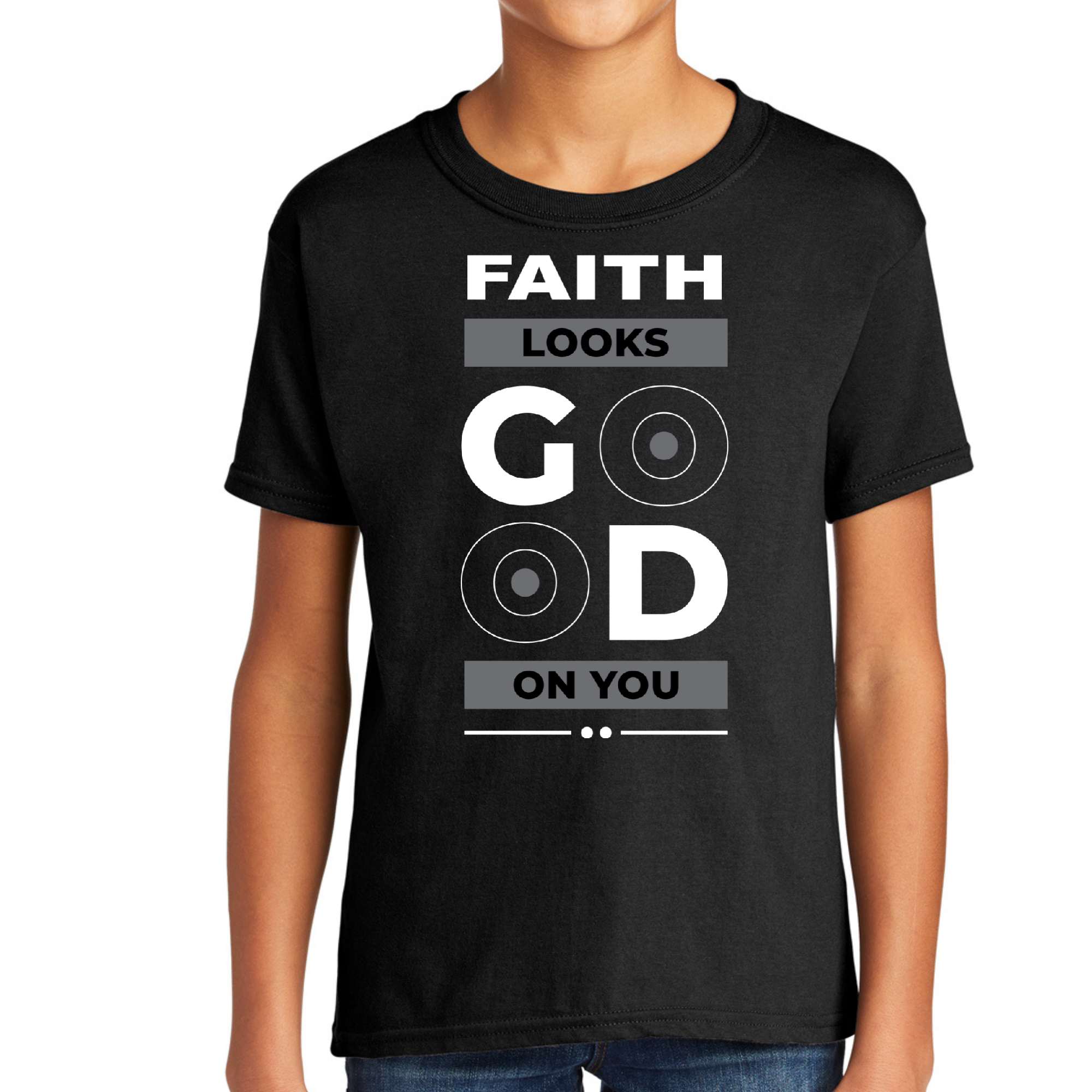 Youth Short Sleeve T-shirt featuring a stylish graphic that reads 'Faith Looks Good', made from soft cotton material.