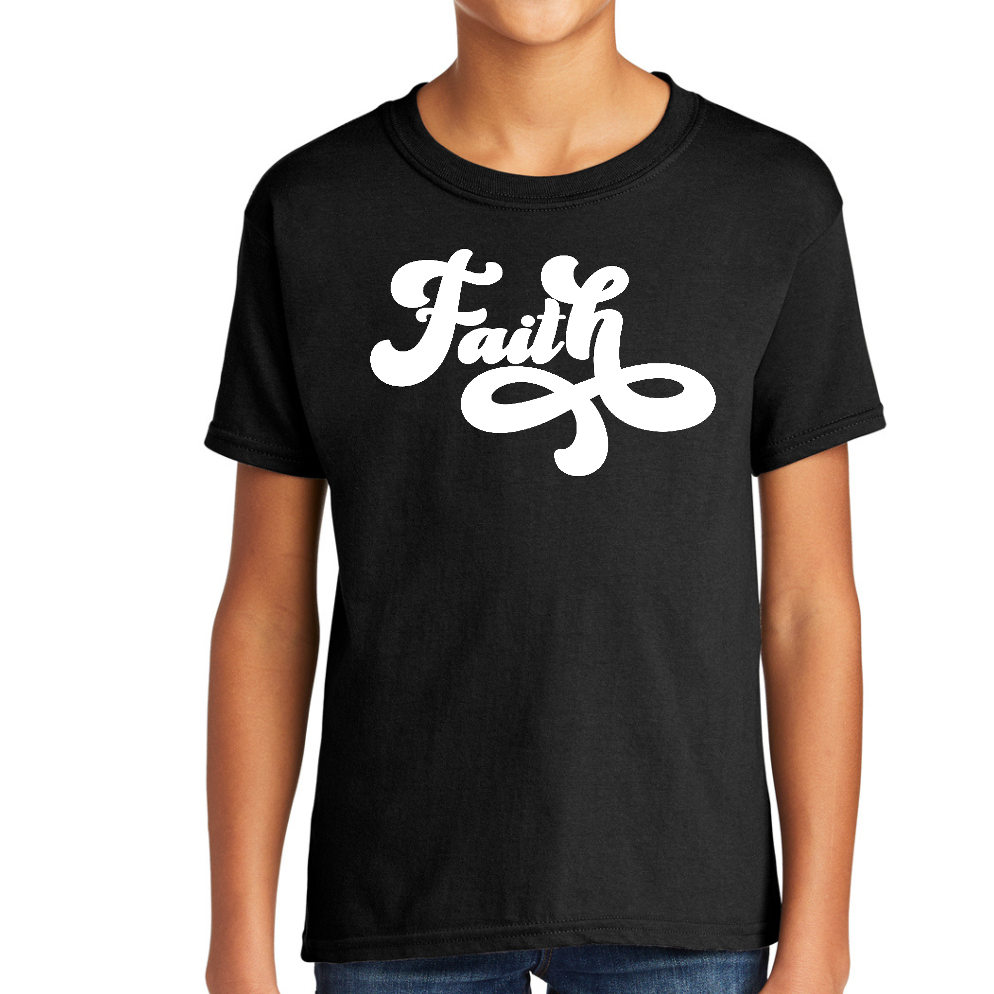 Youth Short Sleeve T-shirt with Faith Script Illustration, showcasing a stylish design in soft cotton material.