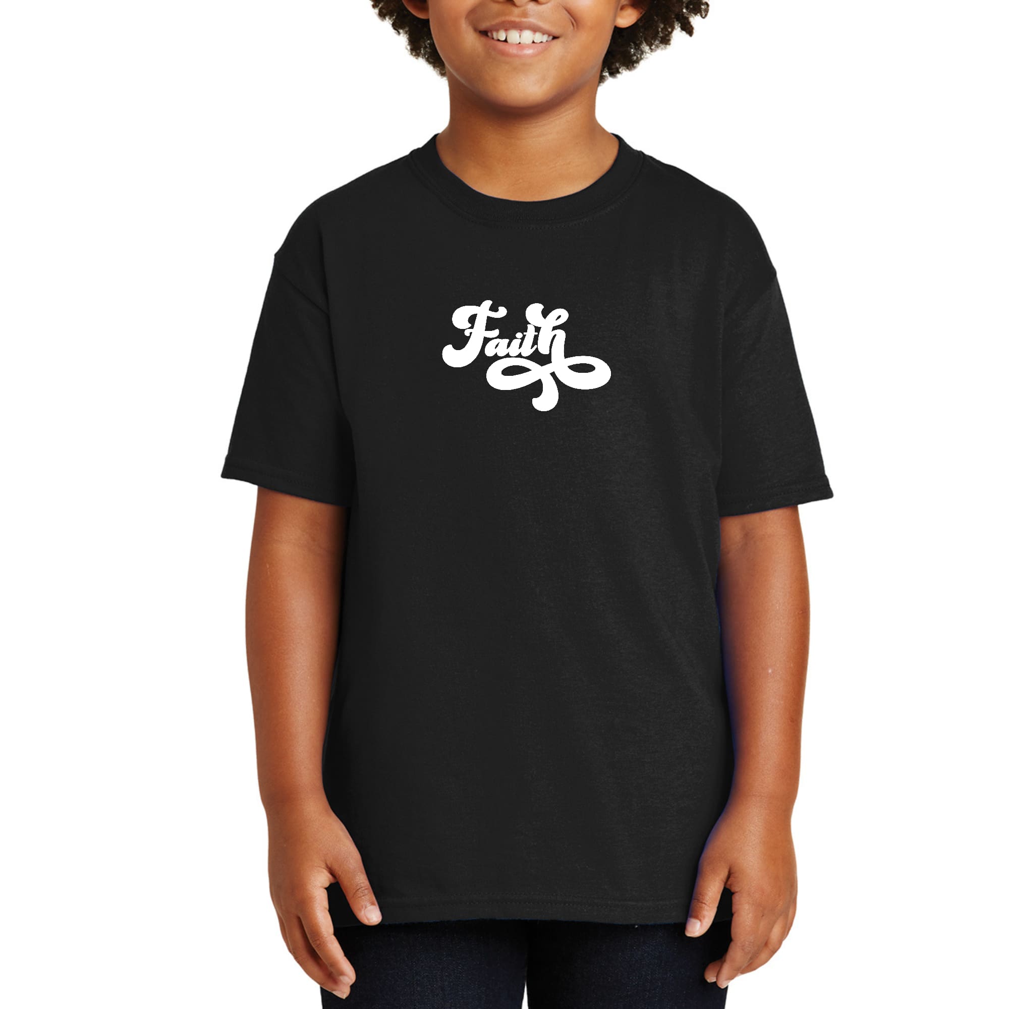 Youth Short Sleeve T-shirt with Faith Script Illustration, showcasing a stylish design in soft cotton material.