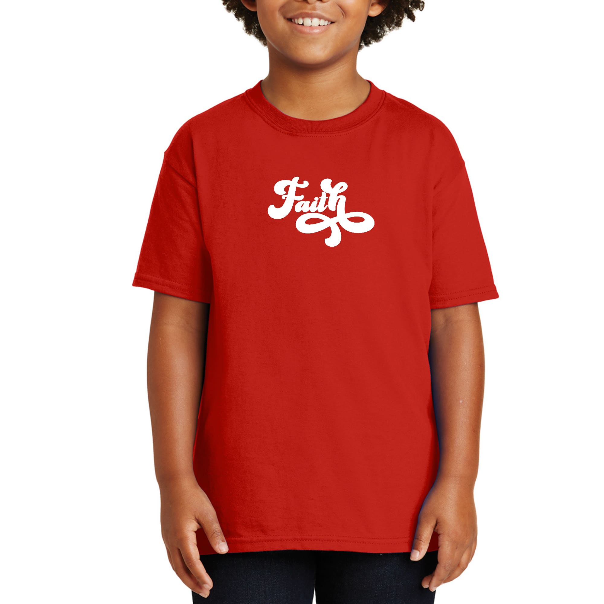 Youth Short Sleeve T-shirt with Faith Script Illustration, showcasing a stylish design in soft cotton material.