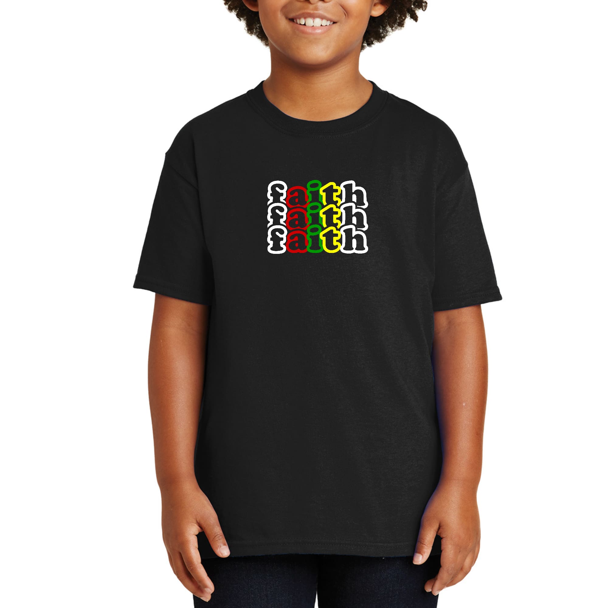 Youth Short Sleeve T-shirt featuring a colorful Faith Stack illustration, made from soft preshrunk cotton for comfort and durability.