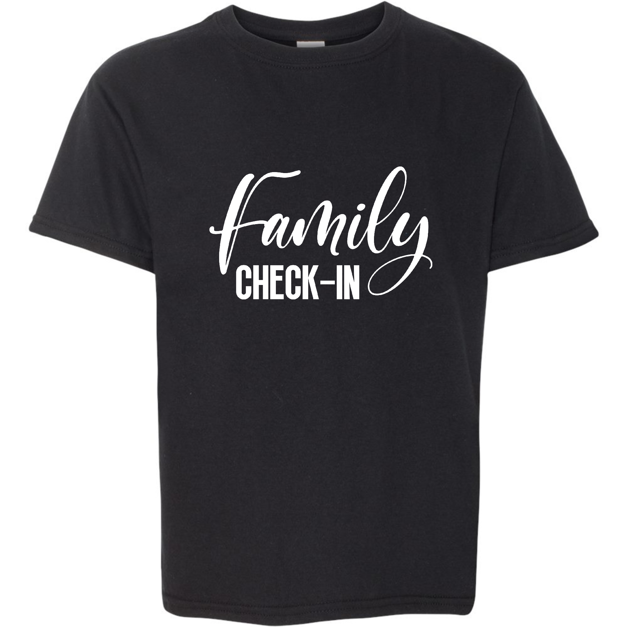 Youth Short Sleeve T-shirt featuring a Family Check-in illustration, made from soft preshrunk cotton, ideal for family gatherings.