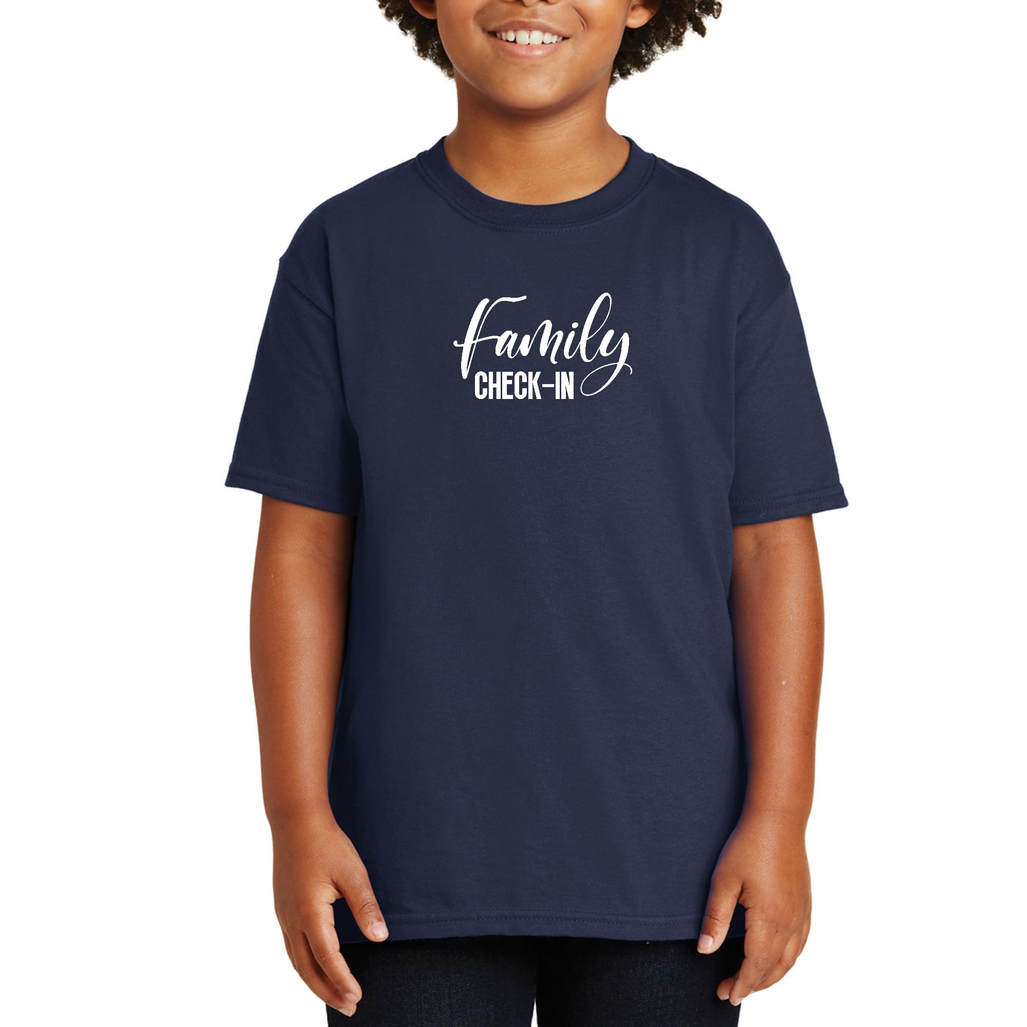 Youth Short Sleeve T-shirt featuring a Family Check-in illustration, made from soft preshrunk cotton, ideal for family gatherings.