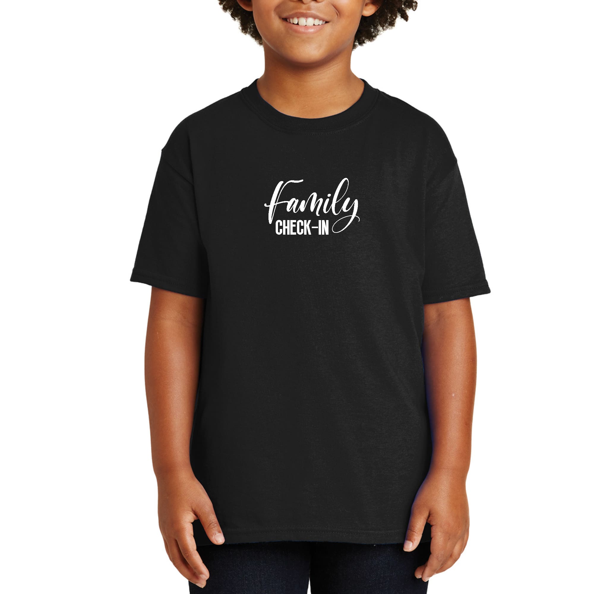 Youth Short Sleeve T-shirt featuring a Family Check-in illustration, made from soft preshrunk cotton, ideal for family gatherings.