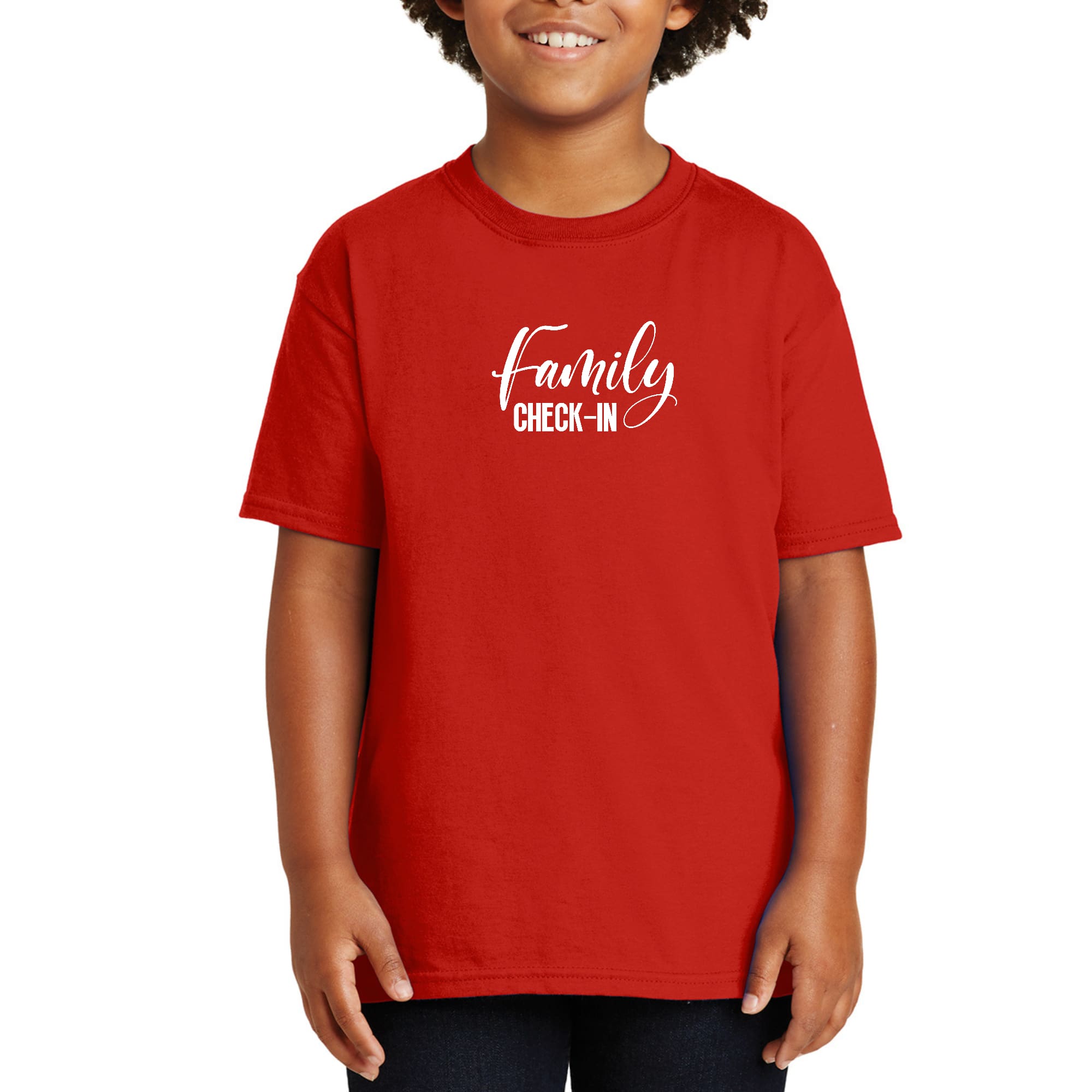 Youth Short Sleeve T-shirt featuring a Family Check-in illustration, made from soft preshrunk cotton, ideal for family gatherings.