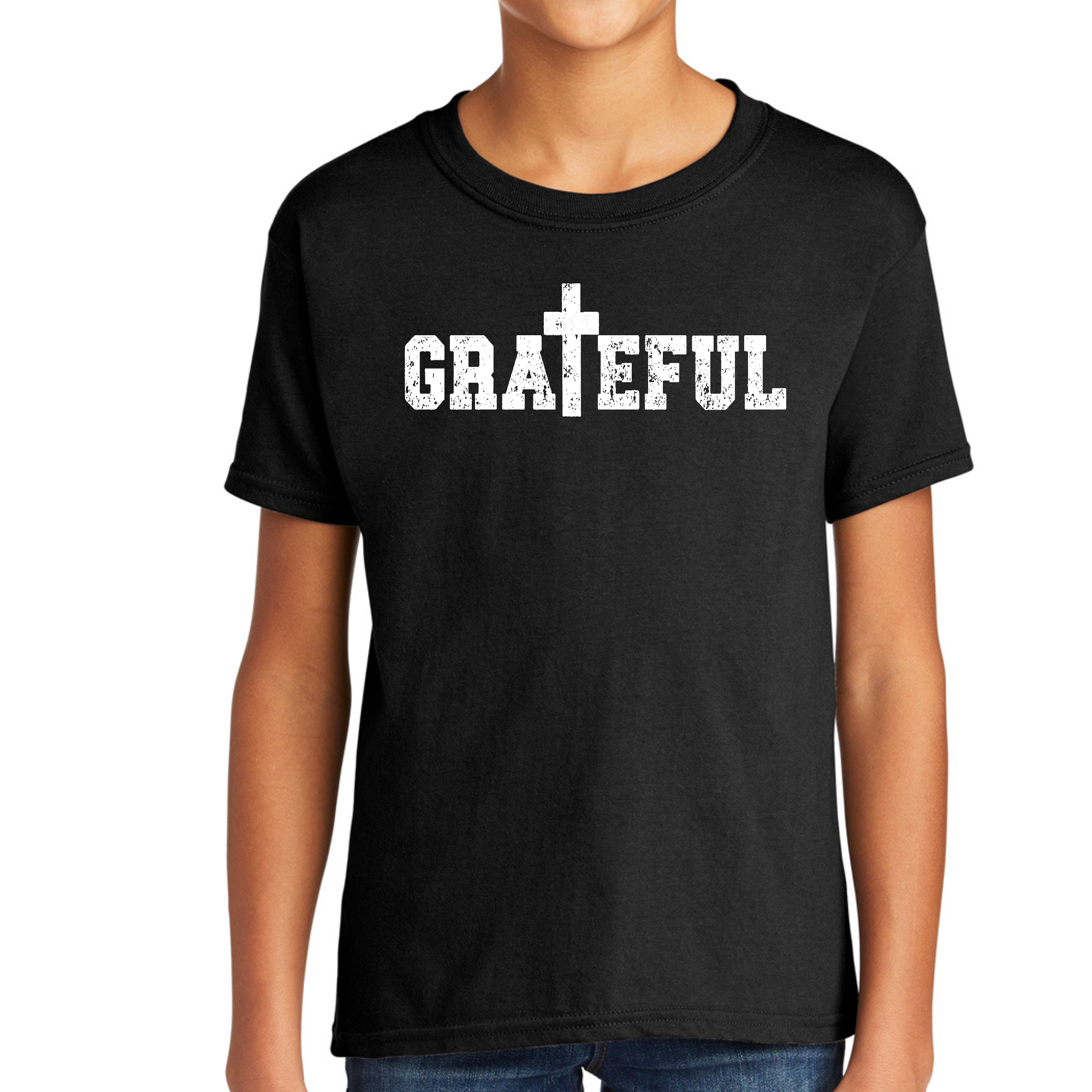 Youth short sleeve t-shirt featuring a vibrant grateful print, made from soft cotton material, suitable for casual wear.