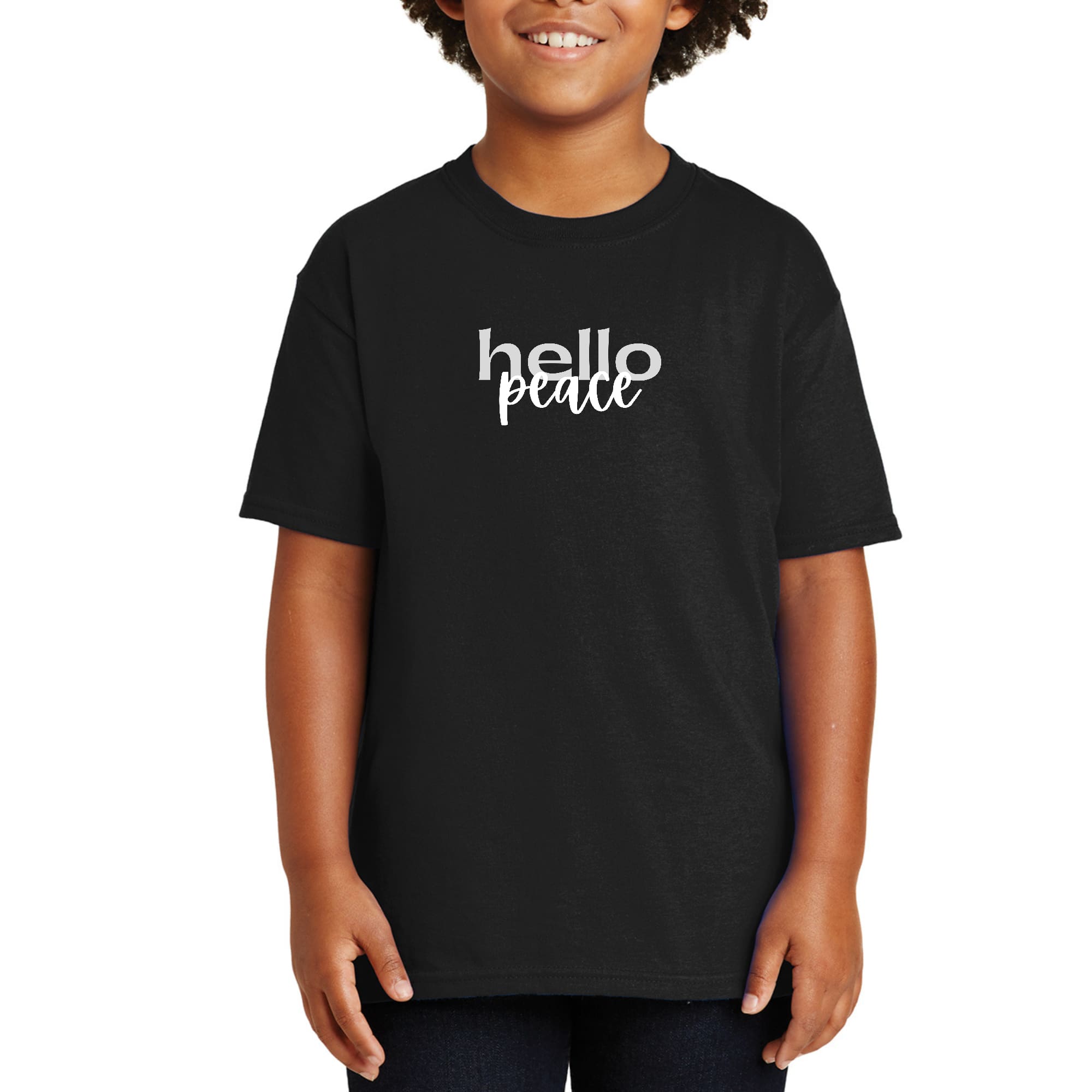 Youth Short Sleeve T-shirt in grey and white featuring 'Hello Peace' motivational design, made from soft preshrunk cotton.