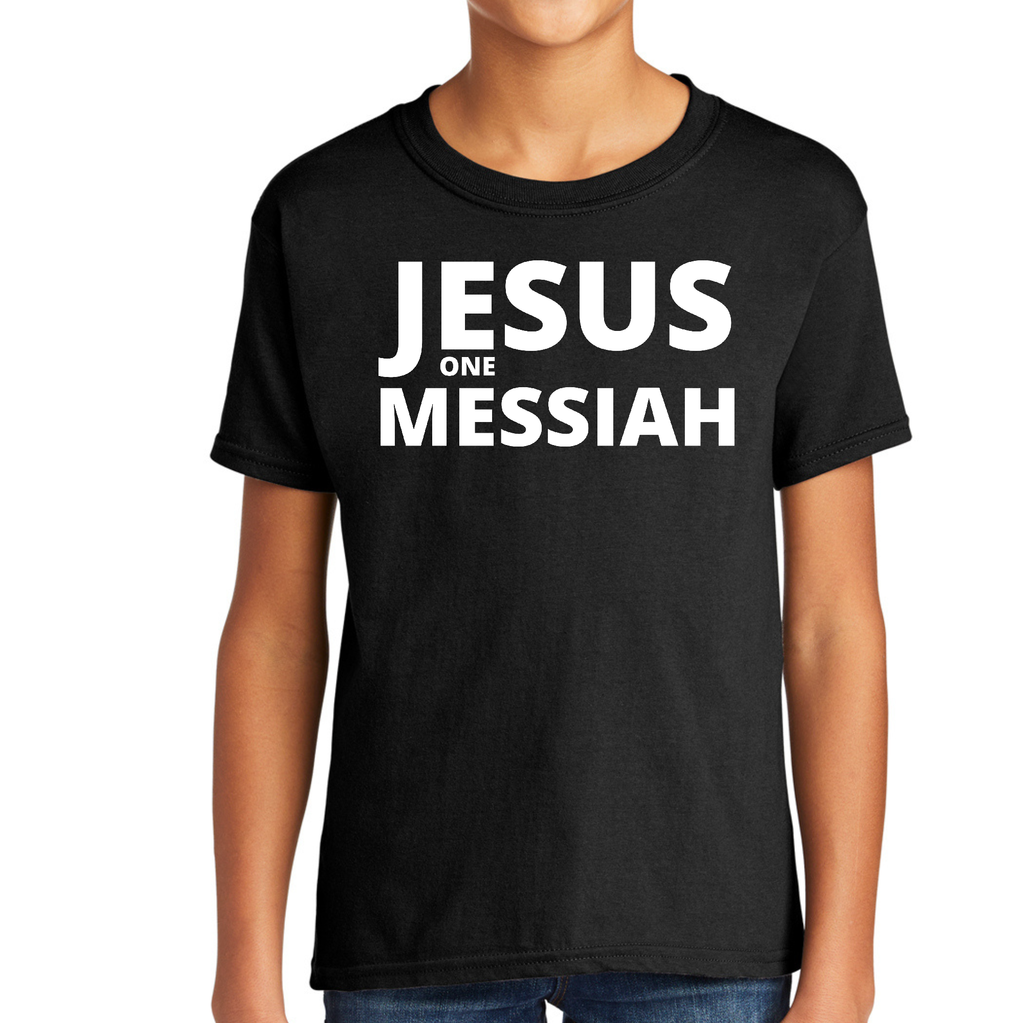 Youth Short Sleeve T-shirt featuring Jesus one Messiah graphic, made from soft cotton with a unisex fit.