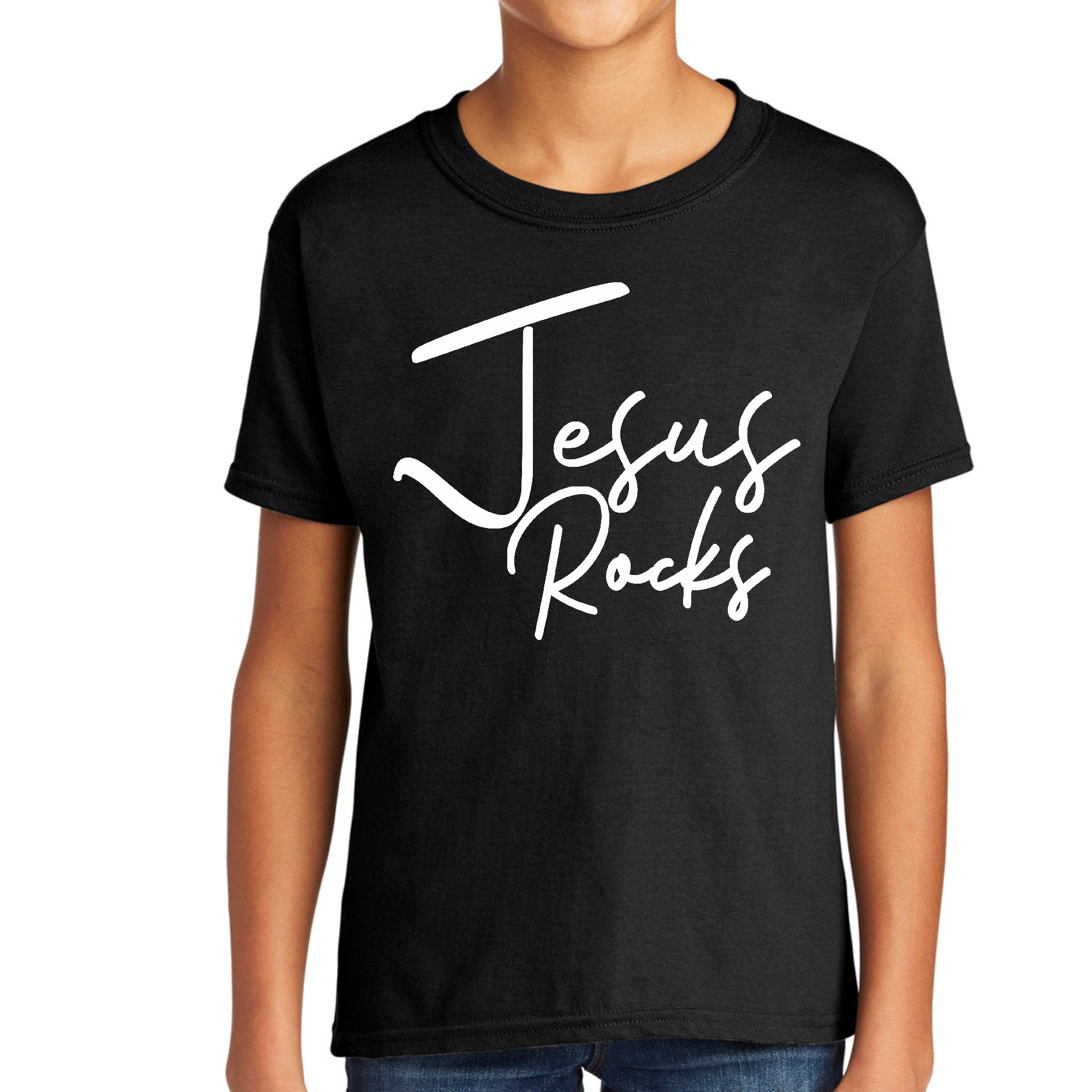 Youth Short Sleeve T-shirt featuring a vibrant Jesus Rocks print, made from soft preshrunk cotton for comfort and durability.