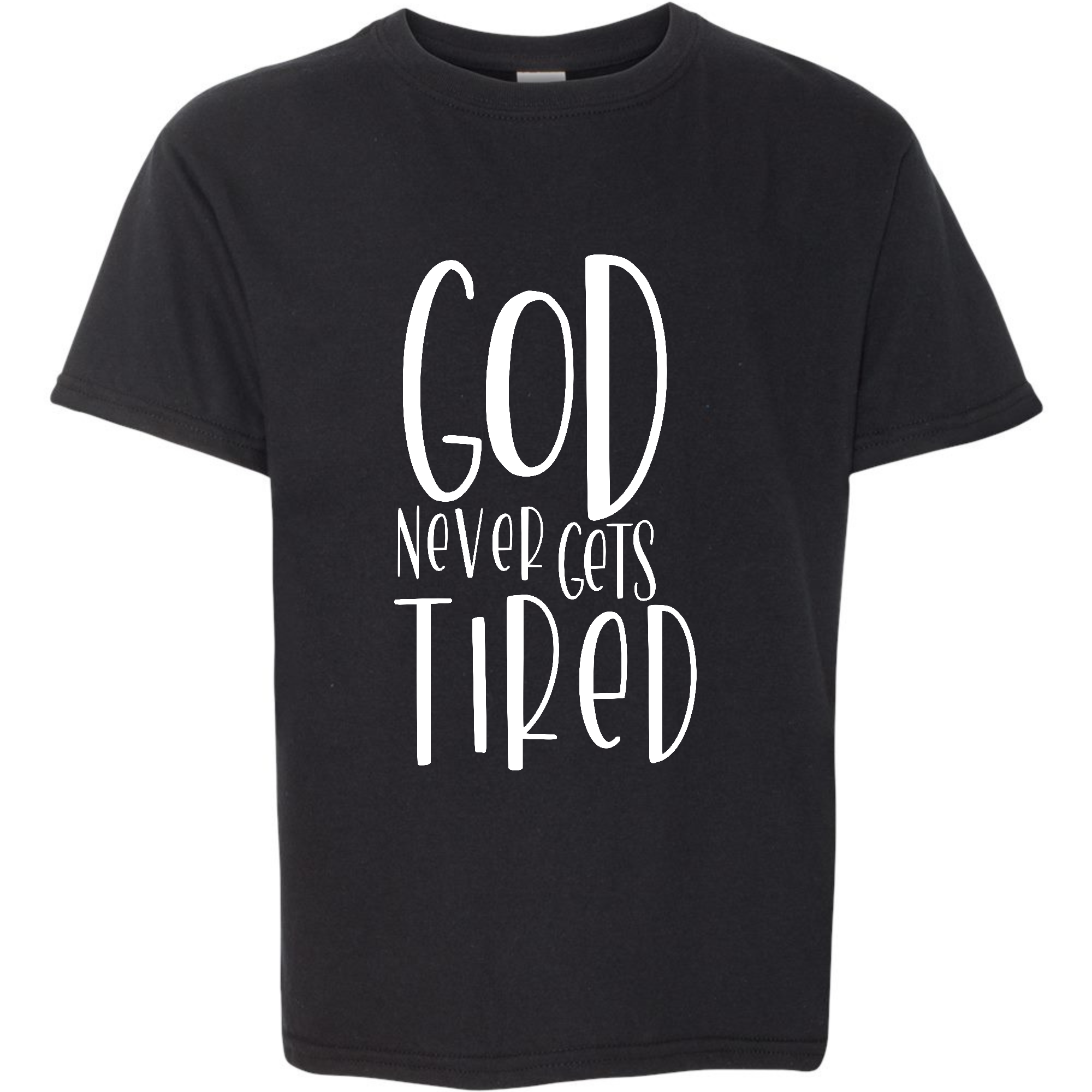 Youth short sleeve T-shirt featuring the quote 'God Never Gets Tired' in a stylish design, made from soft preshrunk cotton.