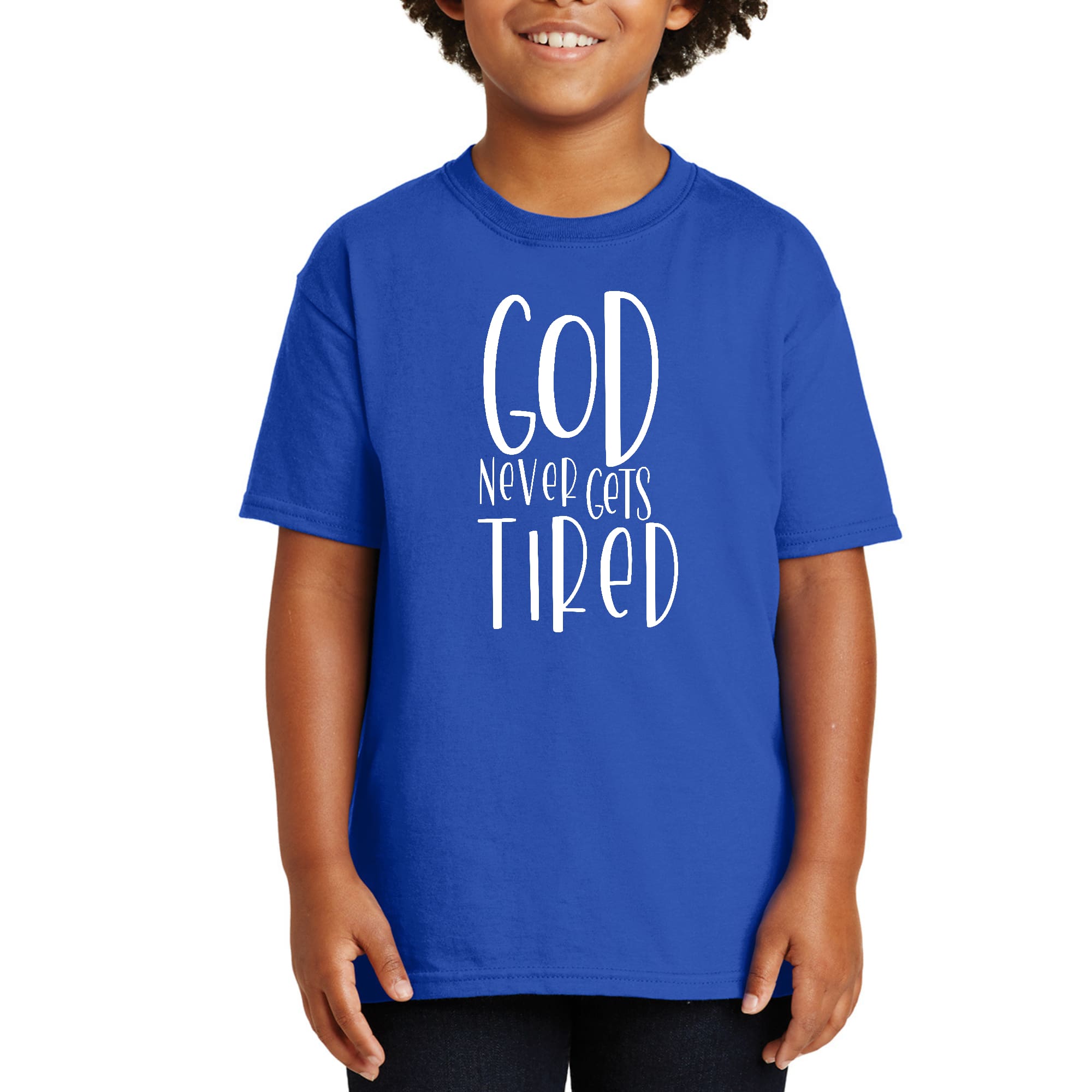 Youth short sleeve T-shirt featuring the quote 'God Never Gets Tired' in a stylish design, made from soft preshrunk cotton.