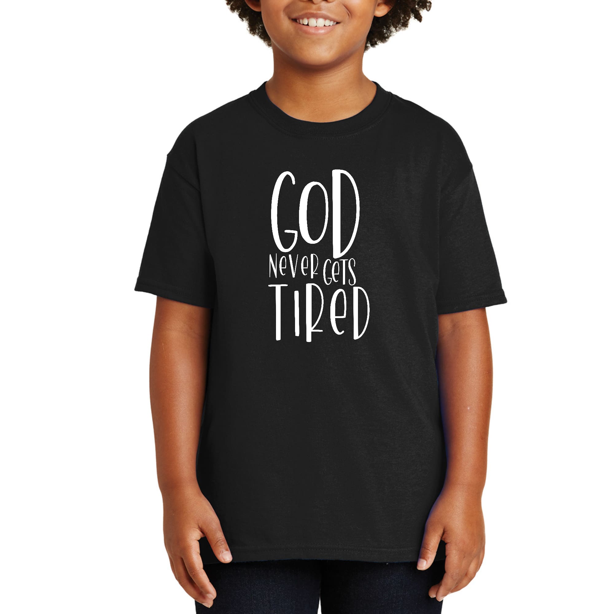 Youth short sleeve T-shirt featuring the quote 'God Never Gets Tired' in a stylish design, made from soft preshrunk cotton.