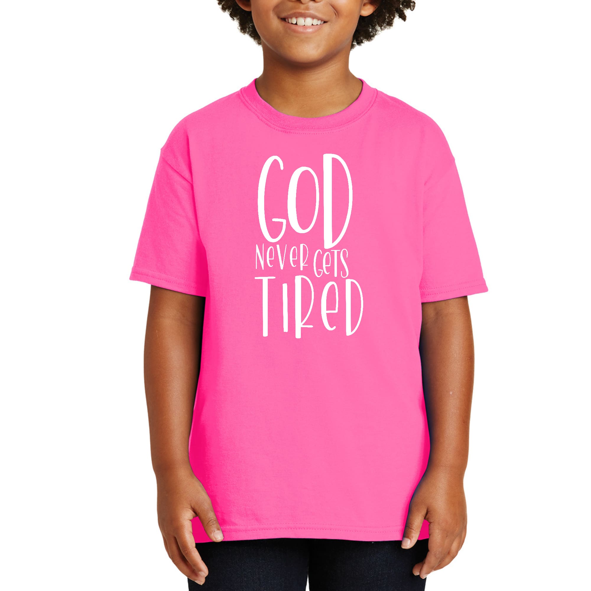 Youth short sleeve T-shirt featuring the quote 'God Never Gets Tired' in a stylish design, made from soft preshrunk cotton.