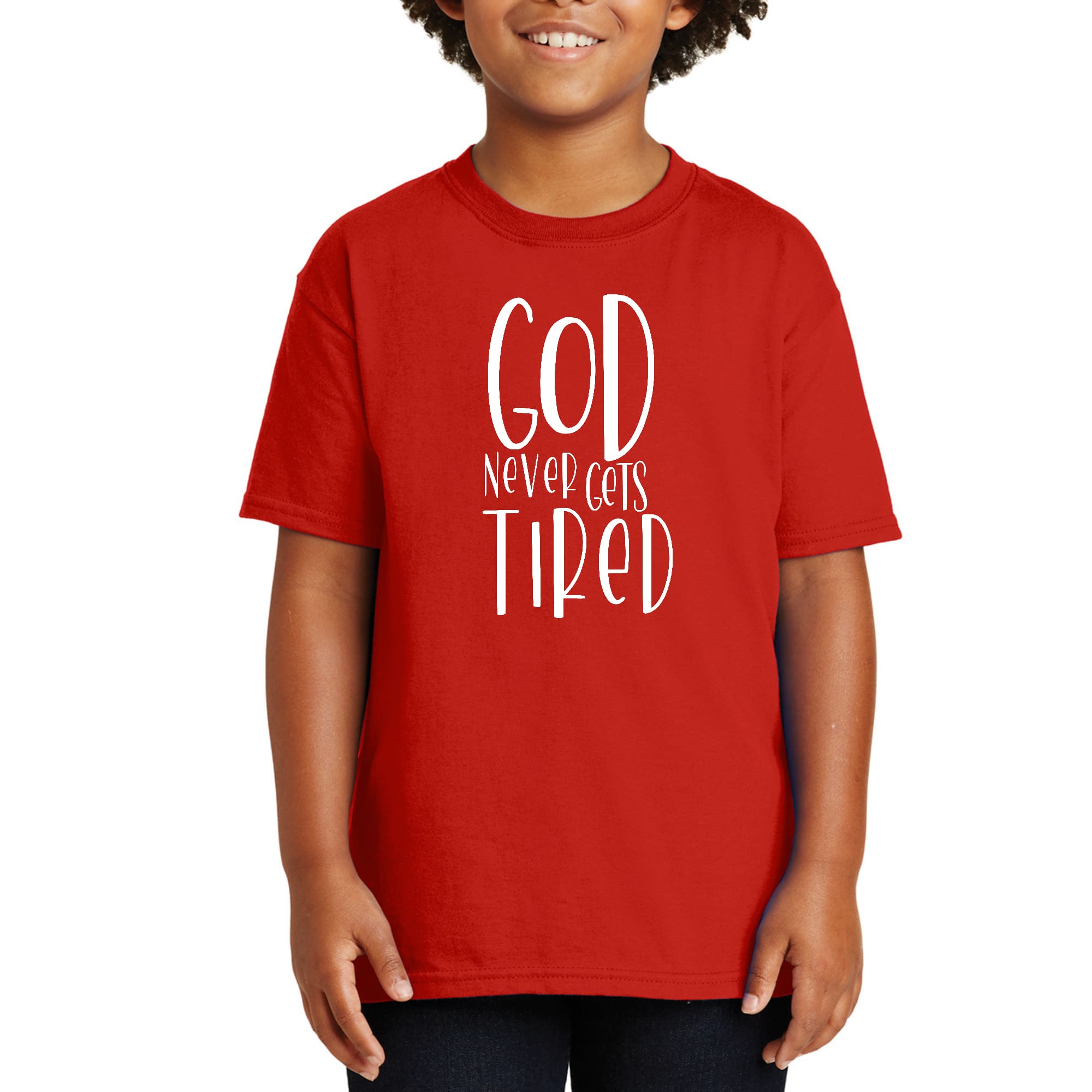 Youth short sleeve T-shirt featuring the quote 'God Never Gets Tired' in a stylish design, made from soft preshrunk cotton.