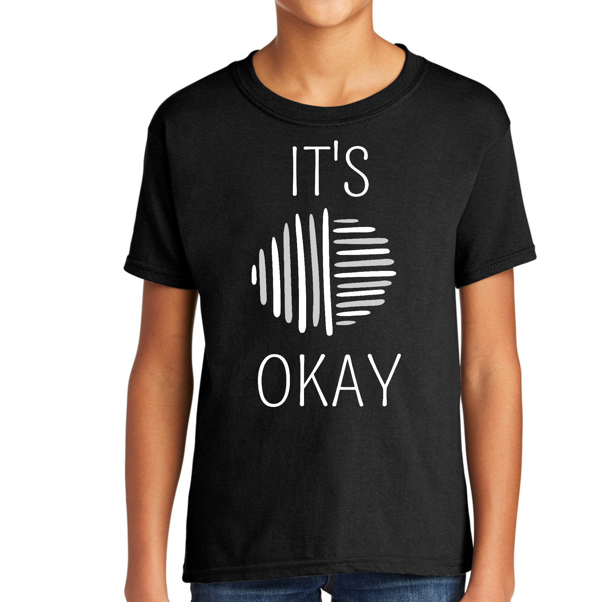 Youth Short Sleeve T-shirt in grey and white with graphic print saying 'Say it Soul, its Okay', showcasing a comfortable and stylish design.