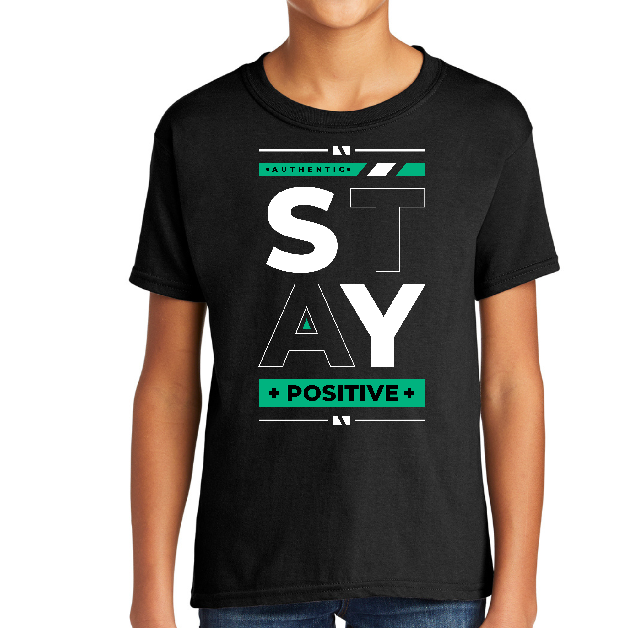 Youth Short Sleeve T-shirt Stay Positive in vibrant colors with a positive graphic design, made from soft cotton material.