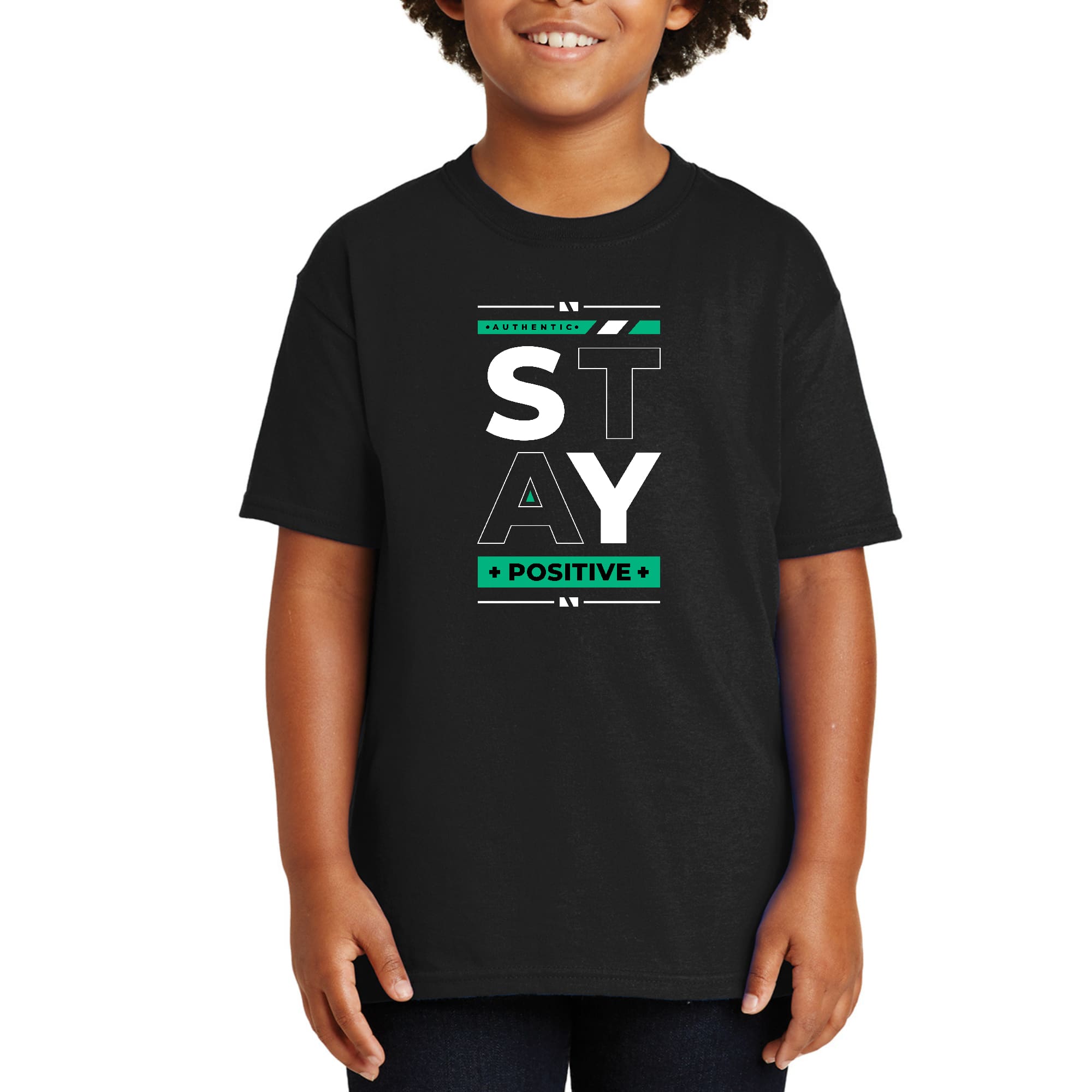 Youth Short Sleeve T-shirt Stay Positive in vibrant colors with a positive graphic design, made from soft cotton material.