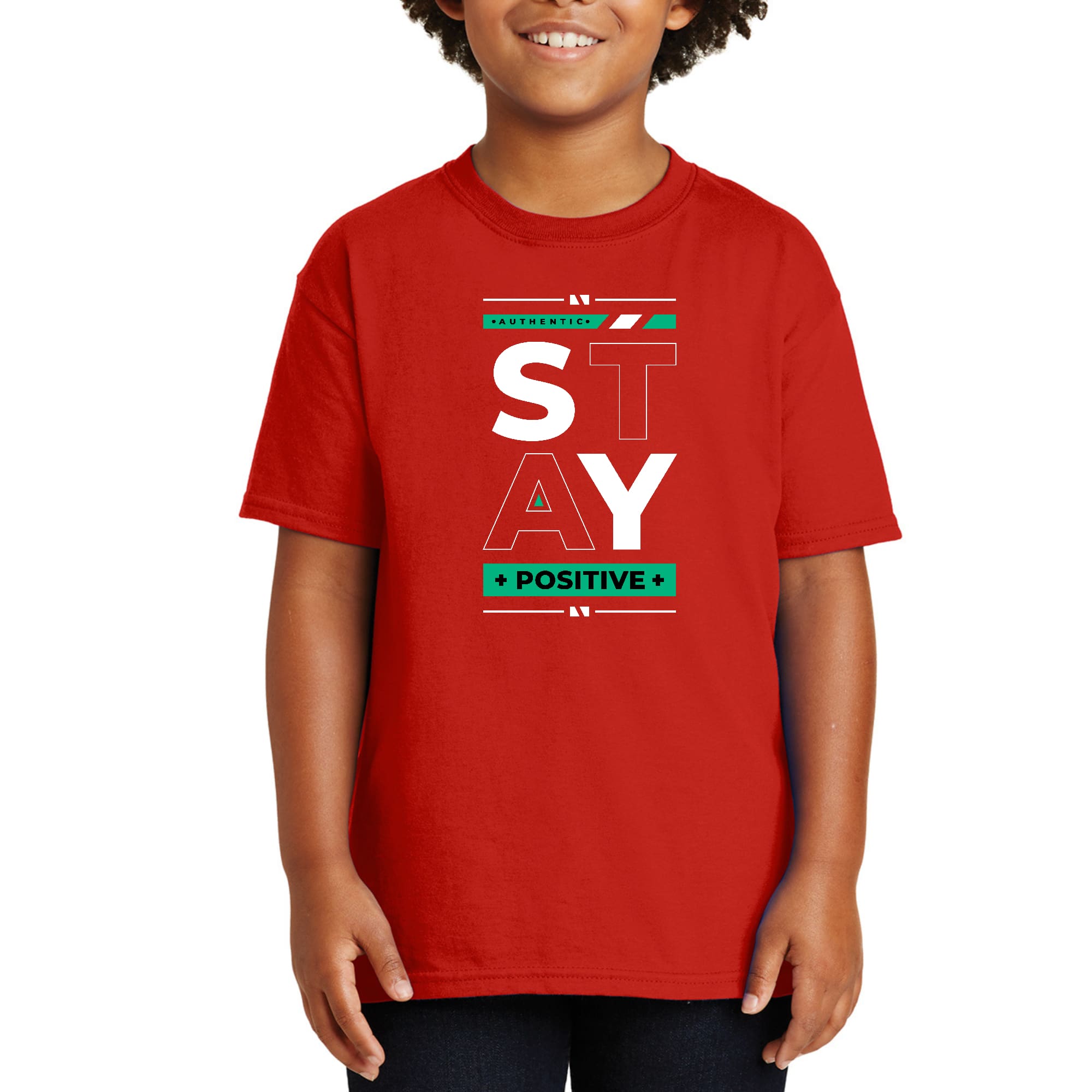 Youth Short Sleeve T-shirt Stay Positive in vibrant colors with a positive graphic design, made from soft cotton material.