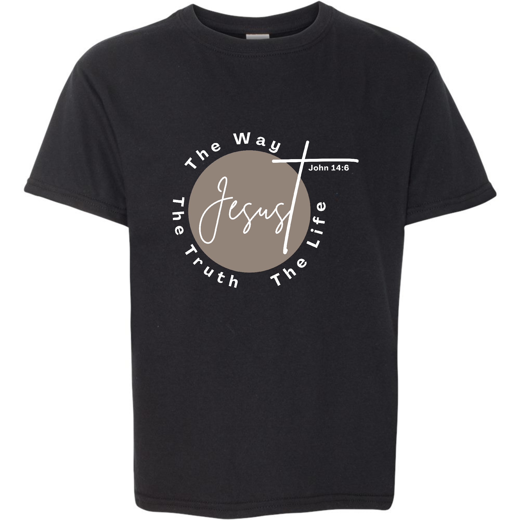 Youth Short Sleeve T-shirt in brown and white featuring 'The Truth The Way The Life' Christian affirmation, made from soft preshrunk cotton.