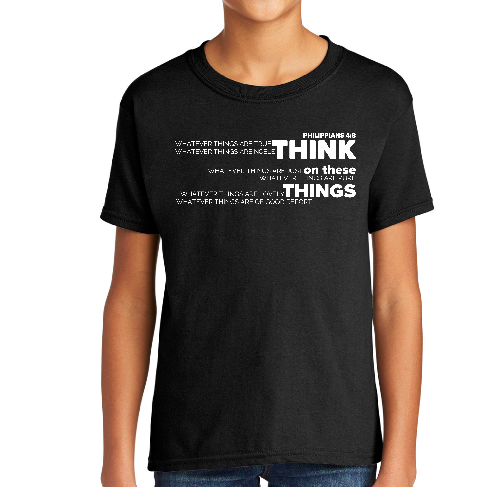 Youth Short Sleeve T-shirt featuring the 'Think on these Things' scripture quote, made from soft preshrunk cotton with a classic fit.