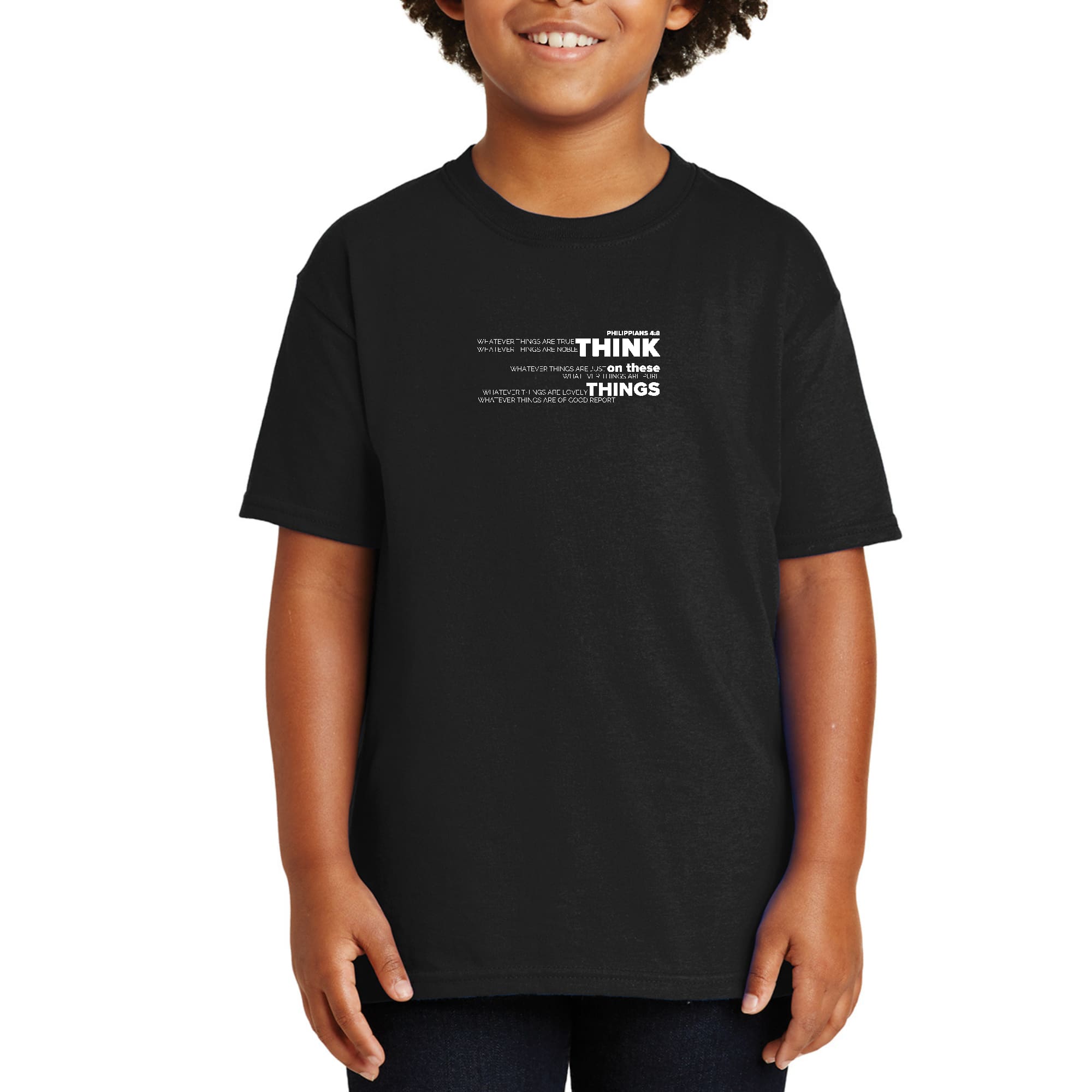 Youth Short Sleeve T-shirt featuring the 'Think on these Things' scripture quote, made from soft preshrunk cotton with a classic fit.