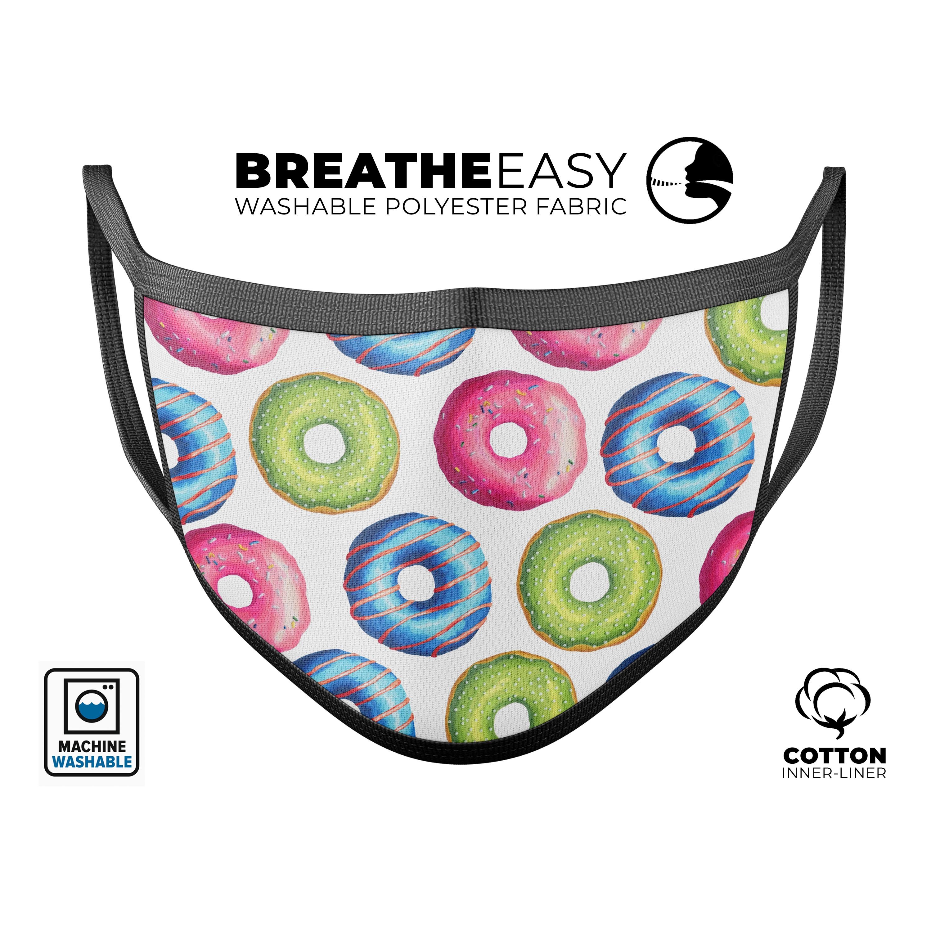 Yummy Colored Donut Galore mouth cover featuring vibrant donut designs, adjustable ear loops, and a soft cotton interior for comfort.