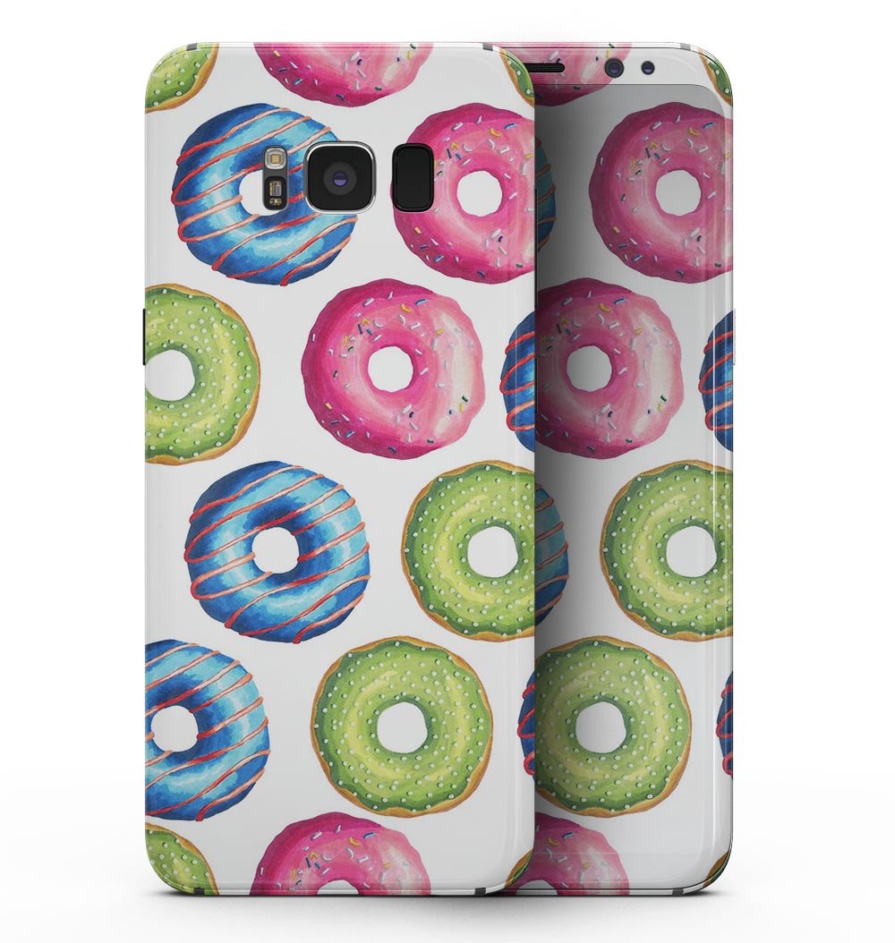 Samsung Galaxy S8 with Yummy Colored Donut Galore full-body skin, showcasing vibrant donut design.