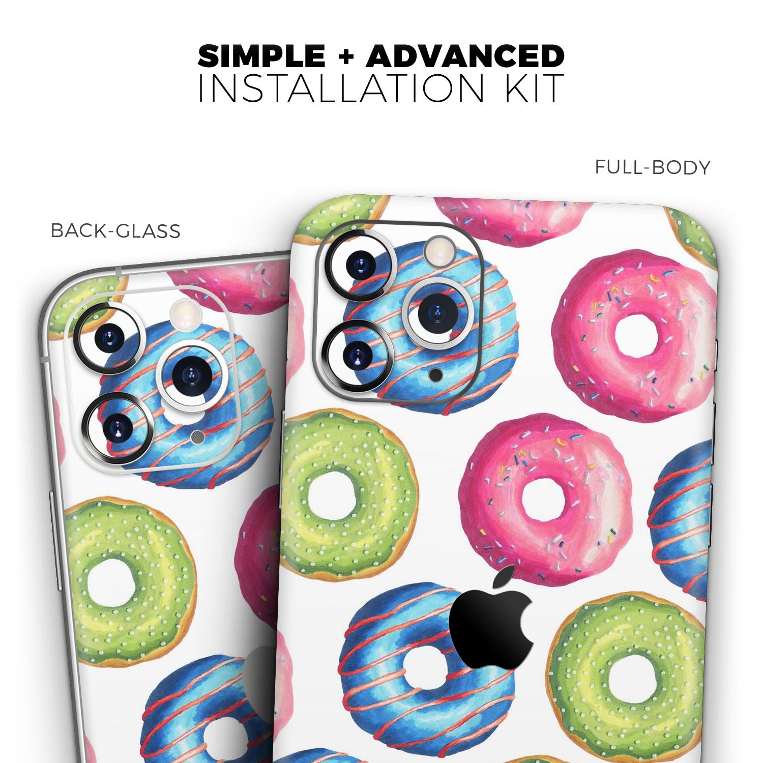 Colorful donut-themed skin for Apple iPhone 11, showcasing vibrant designs and a sleek finish.