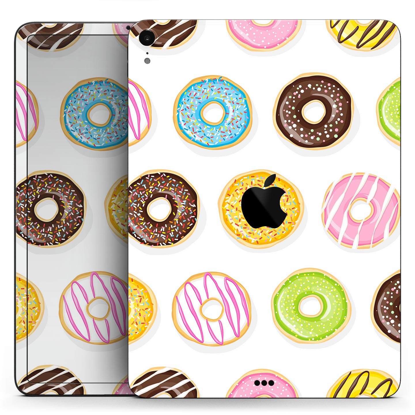 Yummy Colored Donuts Full Body Skin Decal for Apple iPad Pro, showcasing vibrant donut designs on a sleek surface.