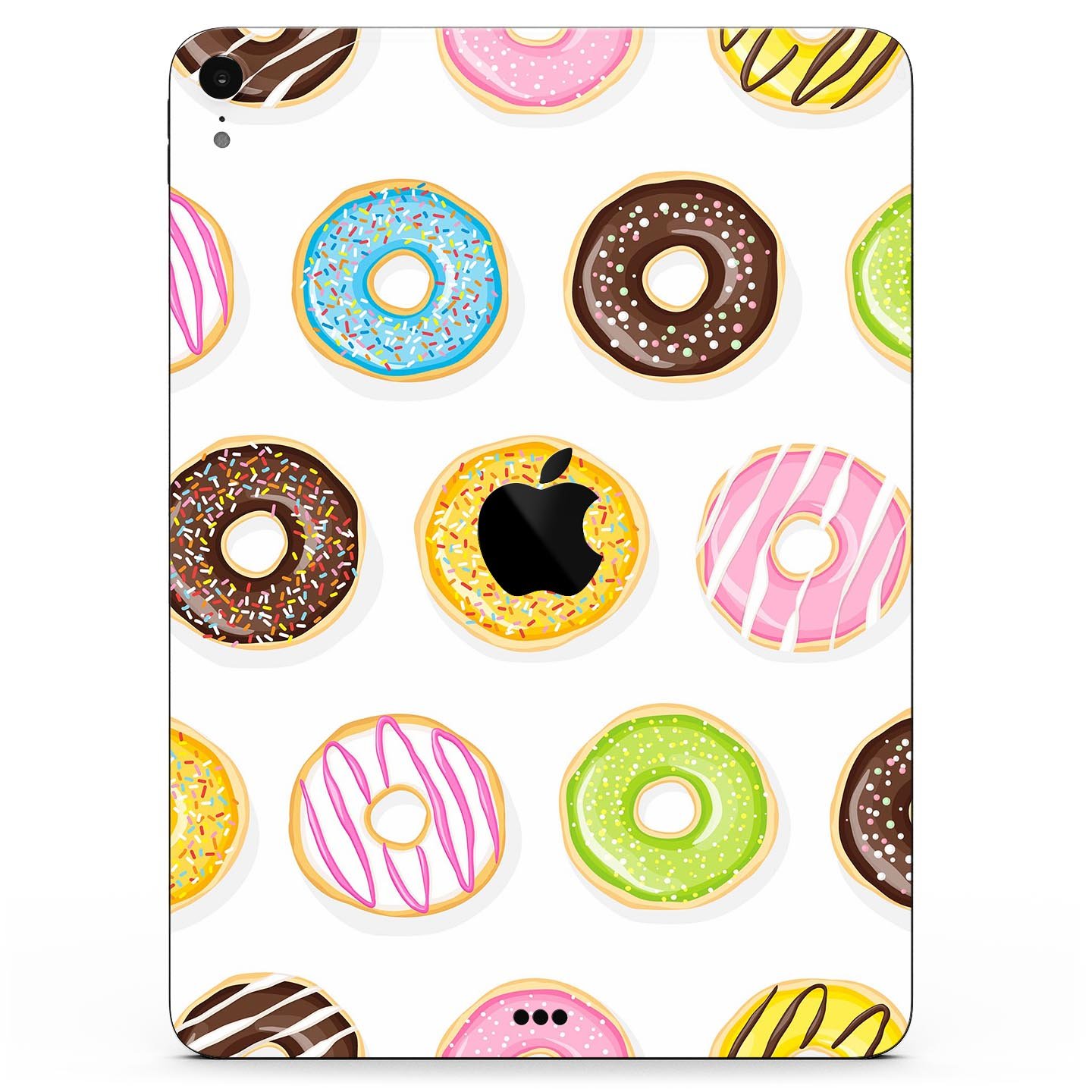 Yummy Colored Donuts Full Body Skin Decal for Apple iPad Pro, showcasing vibrant donut designs on a sleek surface.