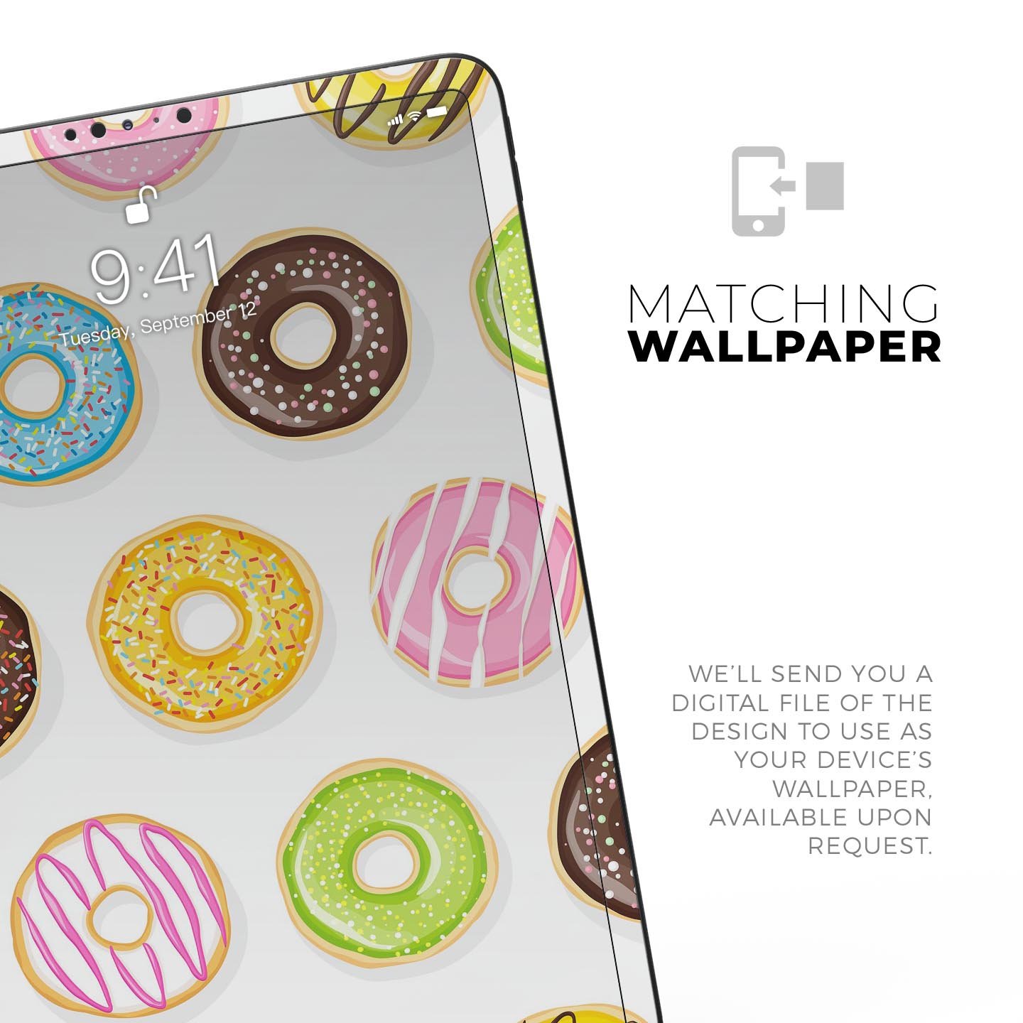 Yummy Colored Donuts Full Body Skin Decal for Apple iPad Pro, showcasing vibrant donut designs on a sleek surface.