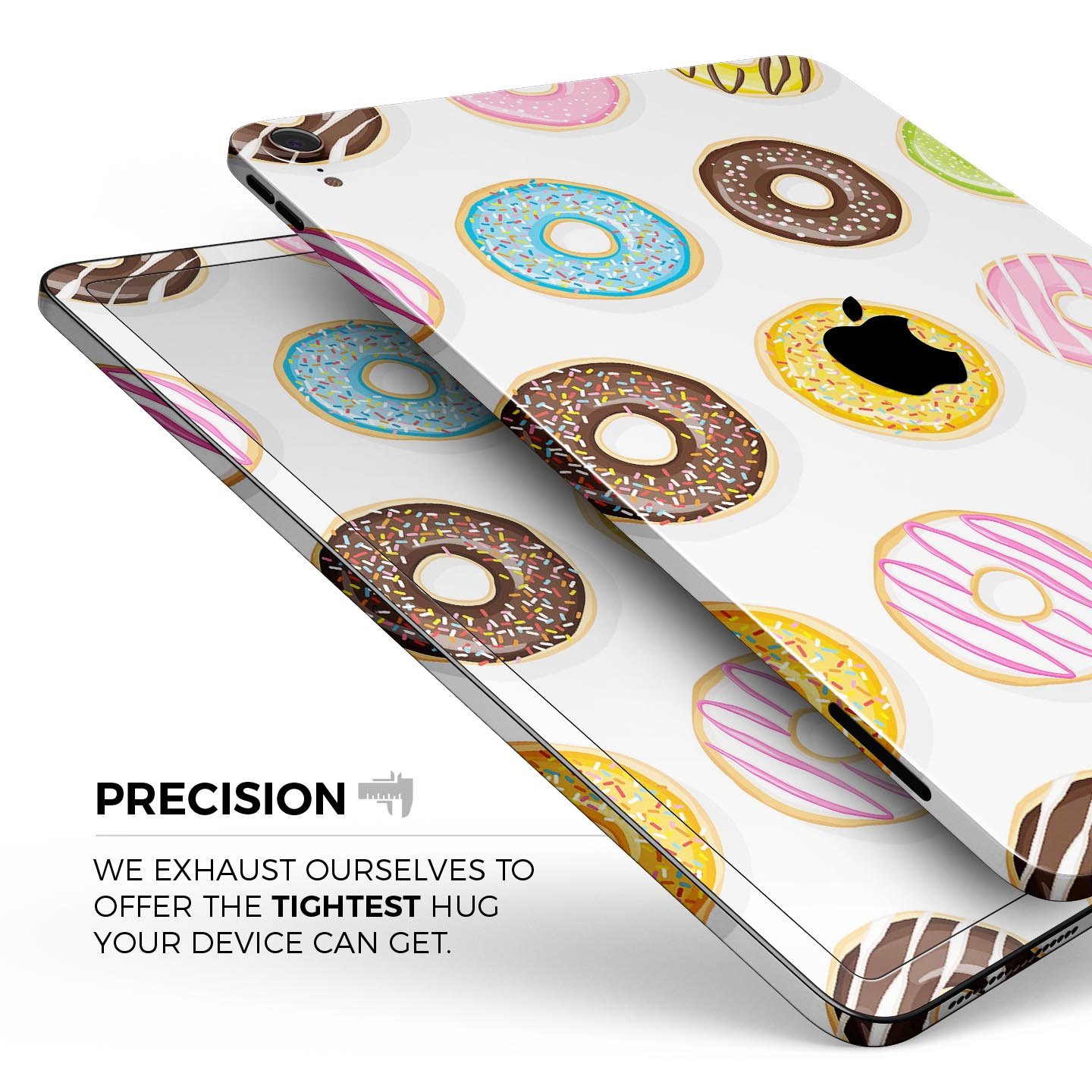 Yummy Colored Donuts Full Body Skin Decal for Apple iPad Pro, showcasing vibrant donut designs on a sleek surface.