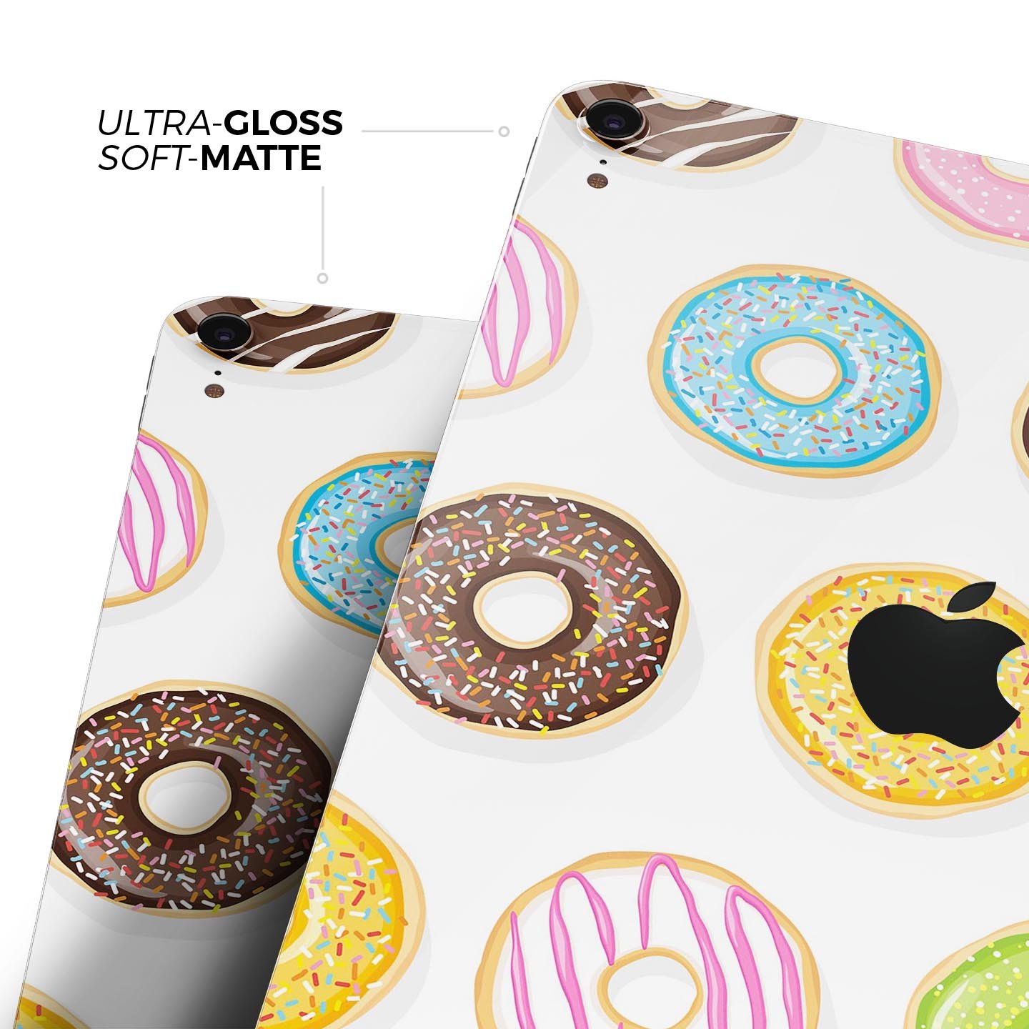 Yummy Colored Donuts Full Body Skin Decal for Apple iPad Pro, showcasing vibrant donut designs on a sleek surface.