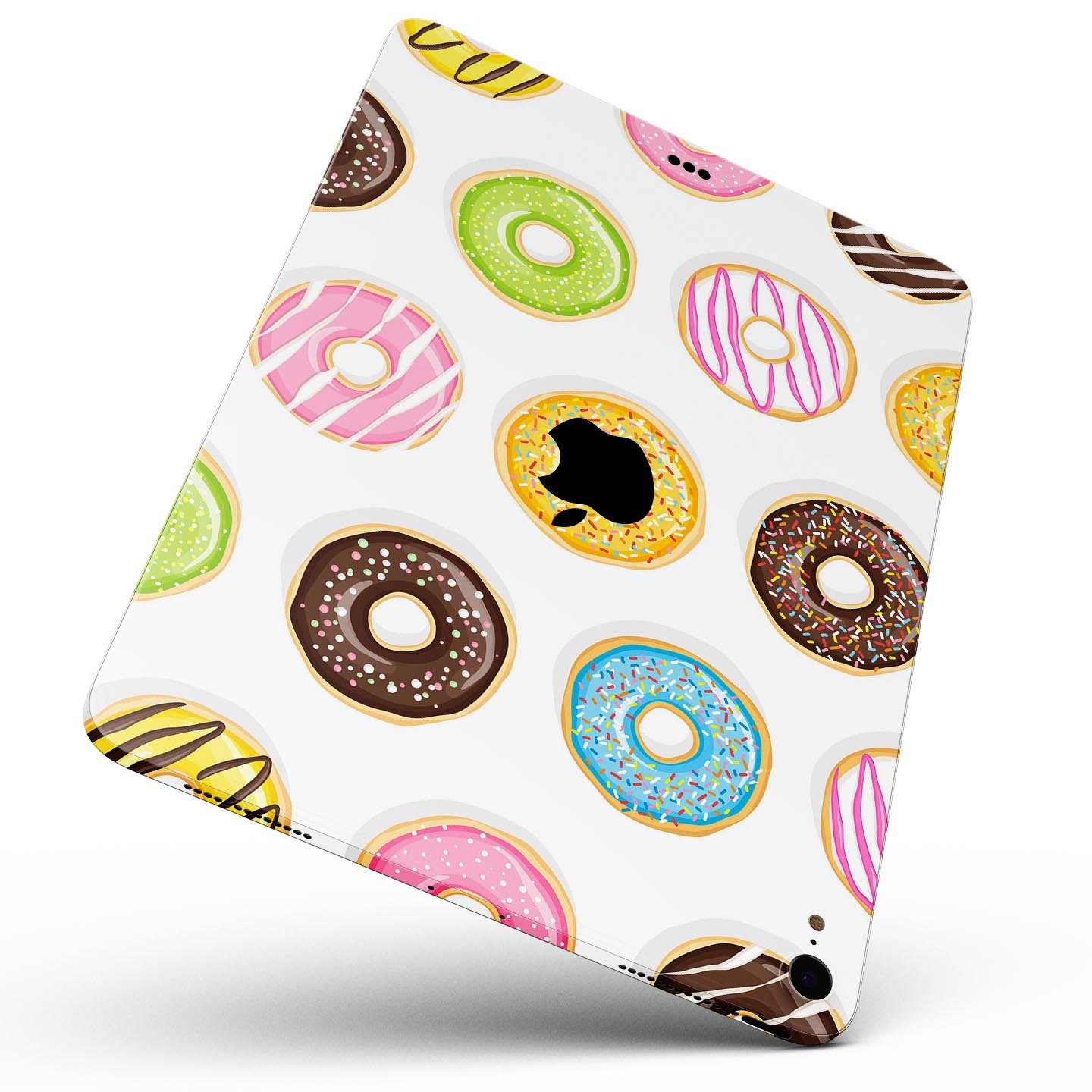 Yummy Colored Donuts Full Body Skin Decal for Apple iPad Pro, showcasing vibrant donut designs on a sleek surface.