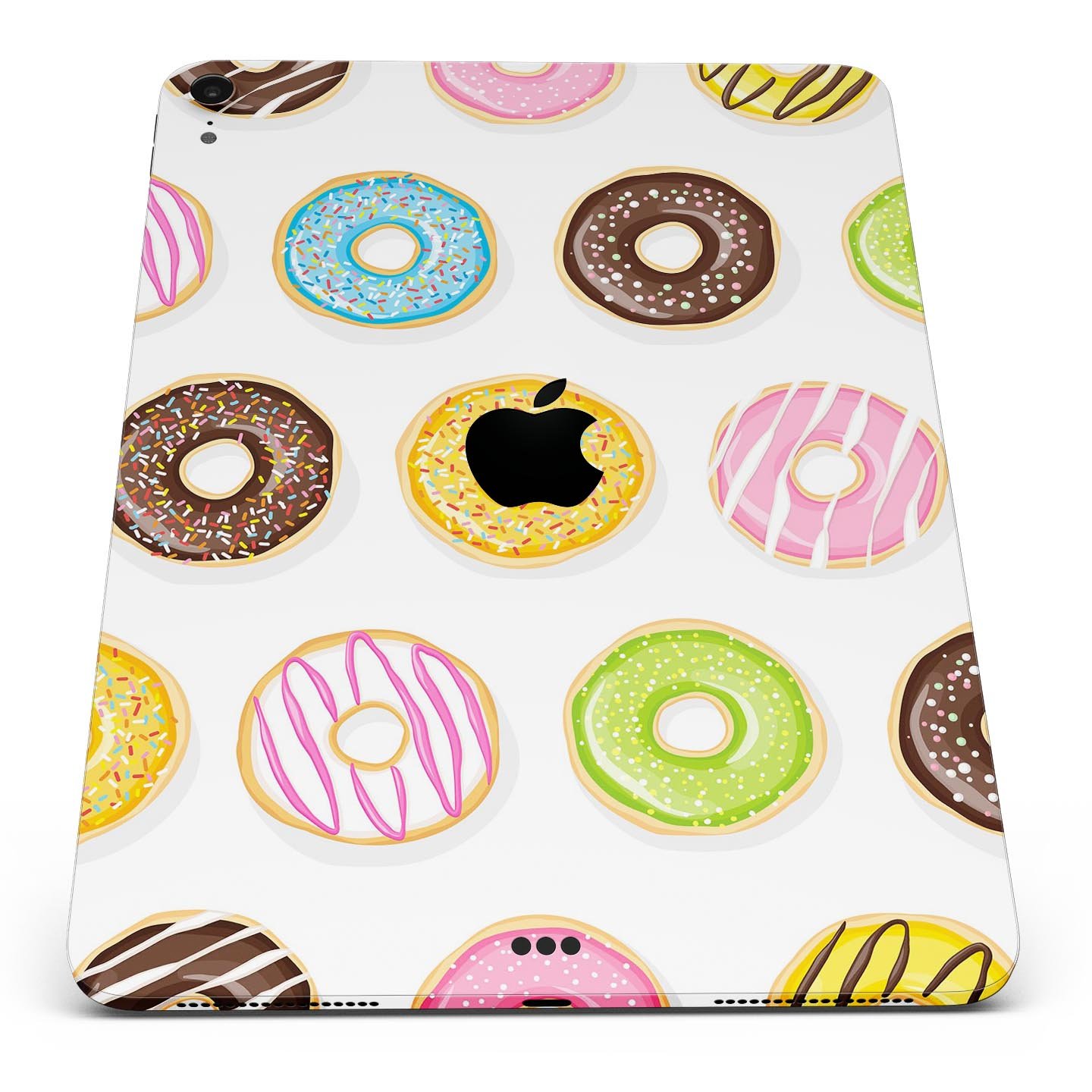 Yummy Colored Donuts Full Body Skin Decal for Apple iPad Pro, showcasing vibrant donut designs on a sleek surface.