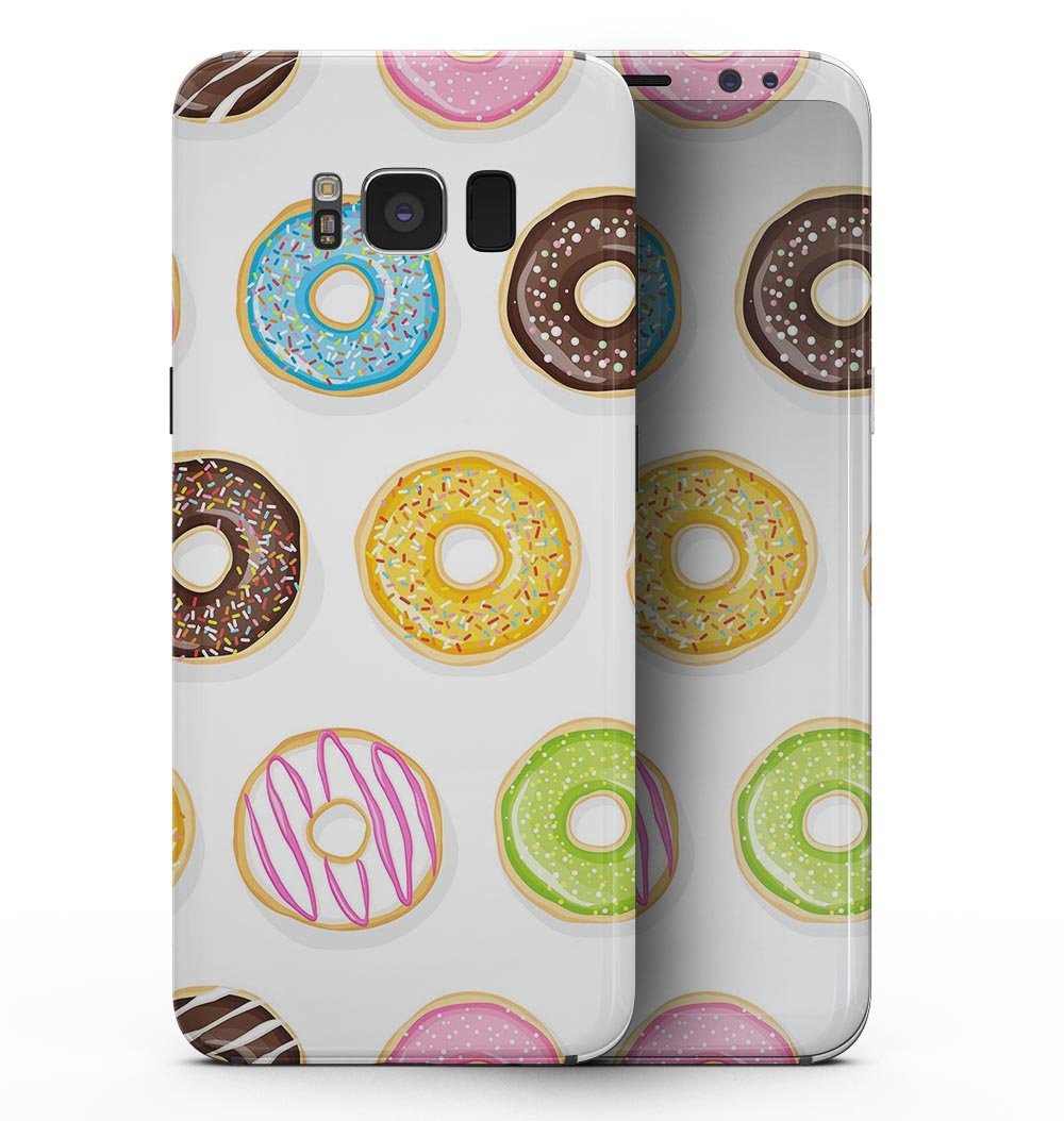 Colorful Yummy Donuts design skin for Samsung Galaxy S8, showcasing vibrant colors and a sleek finish.