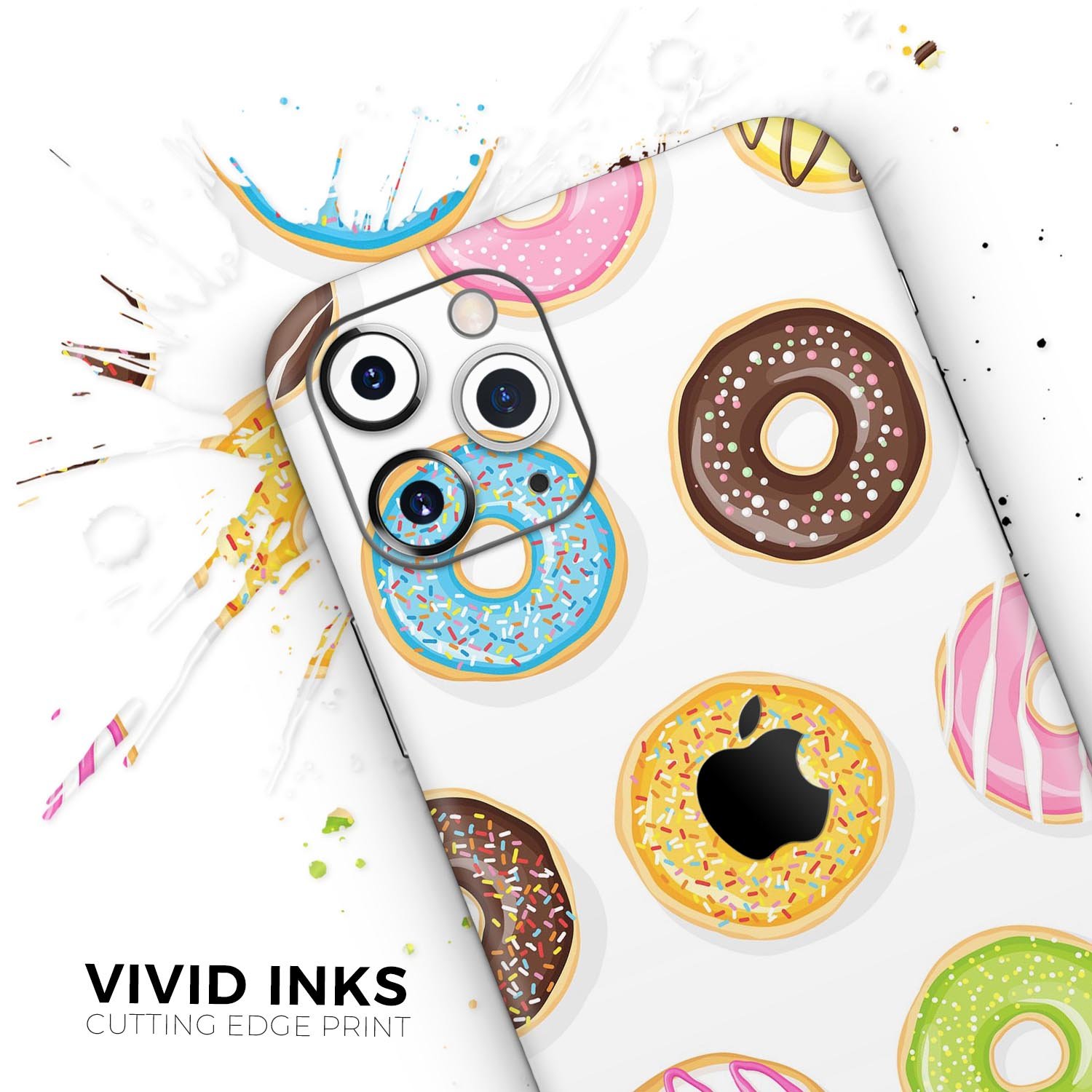 Colorful Yummy Colored Donuts skin for Apple iPhone 14, showcasing vibrant design and premium vinyl material.