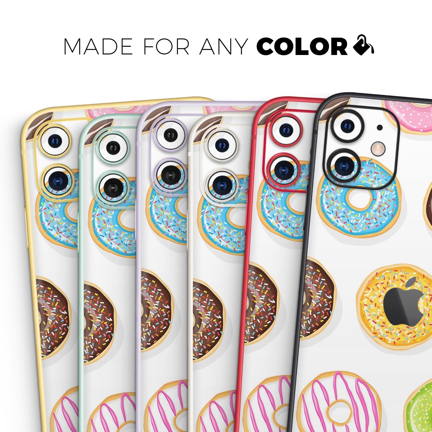 Colorful Yummy Colored Donuts skin for Apple iPhone 14, showcasing vibrant design and premium vinyl material.