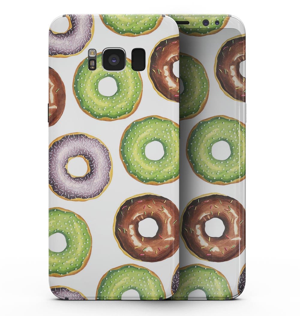 Yummy Donuts Galore skin kit for Samsung Galaxy S8, featuring colorful donut designs on a premium vinyl material.