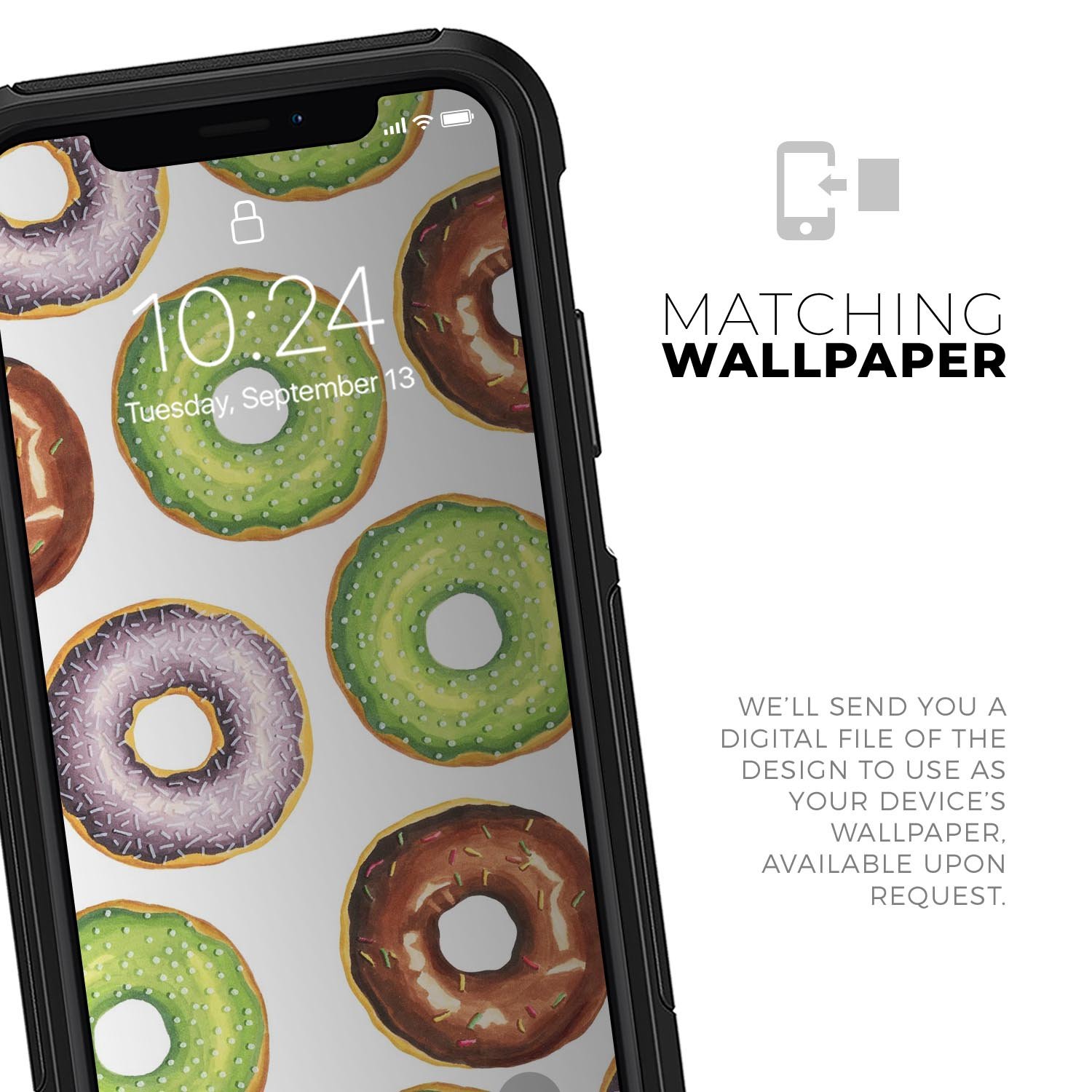 Yummy Donuts Galore Skin Kit for iPhone OtterBox Cases featuring colorful donut designs.