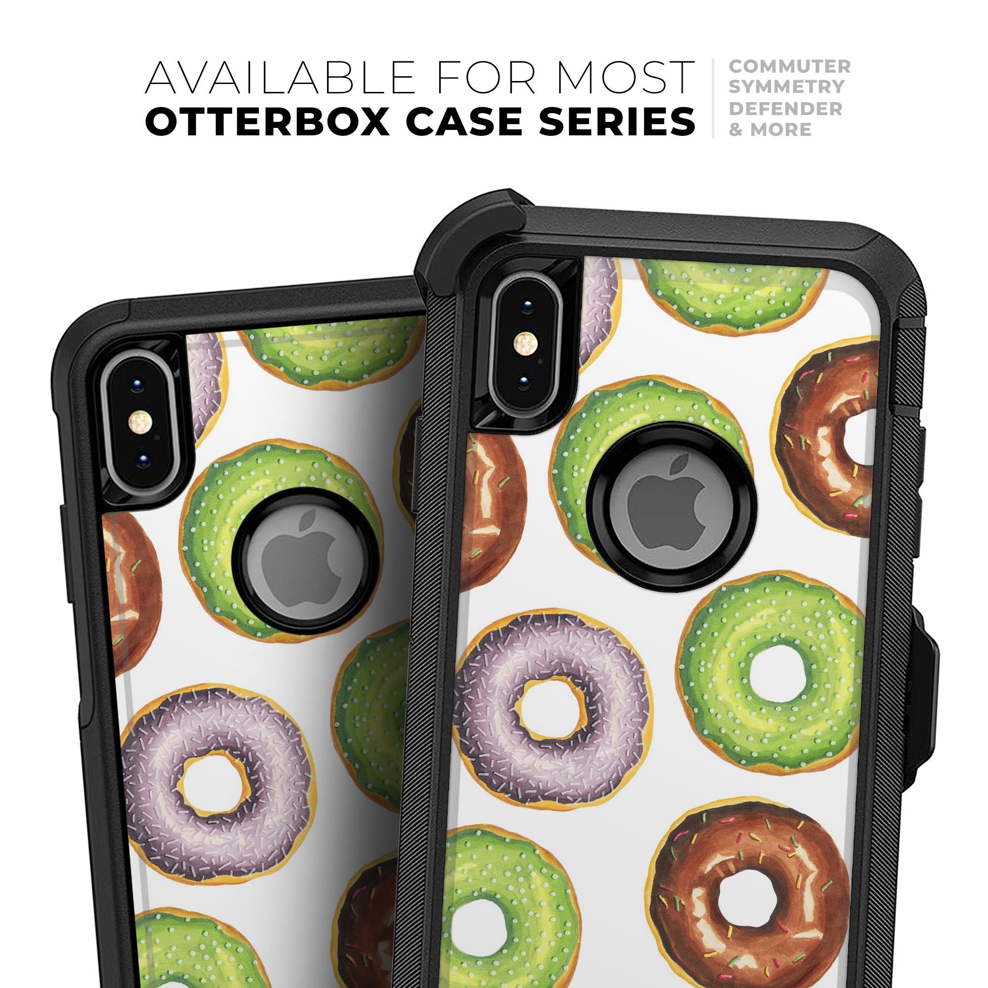 Yummy Donuts Galore Skin Kit for iPhone OtterBox Cases featuring colorful donut designs.