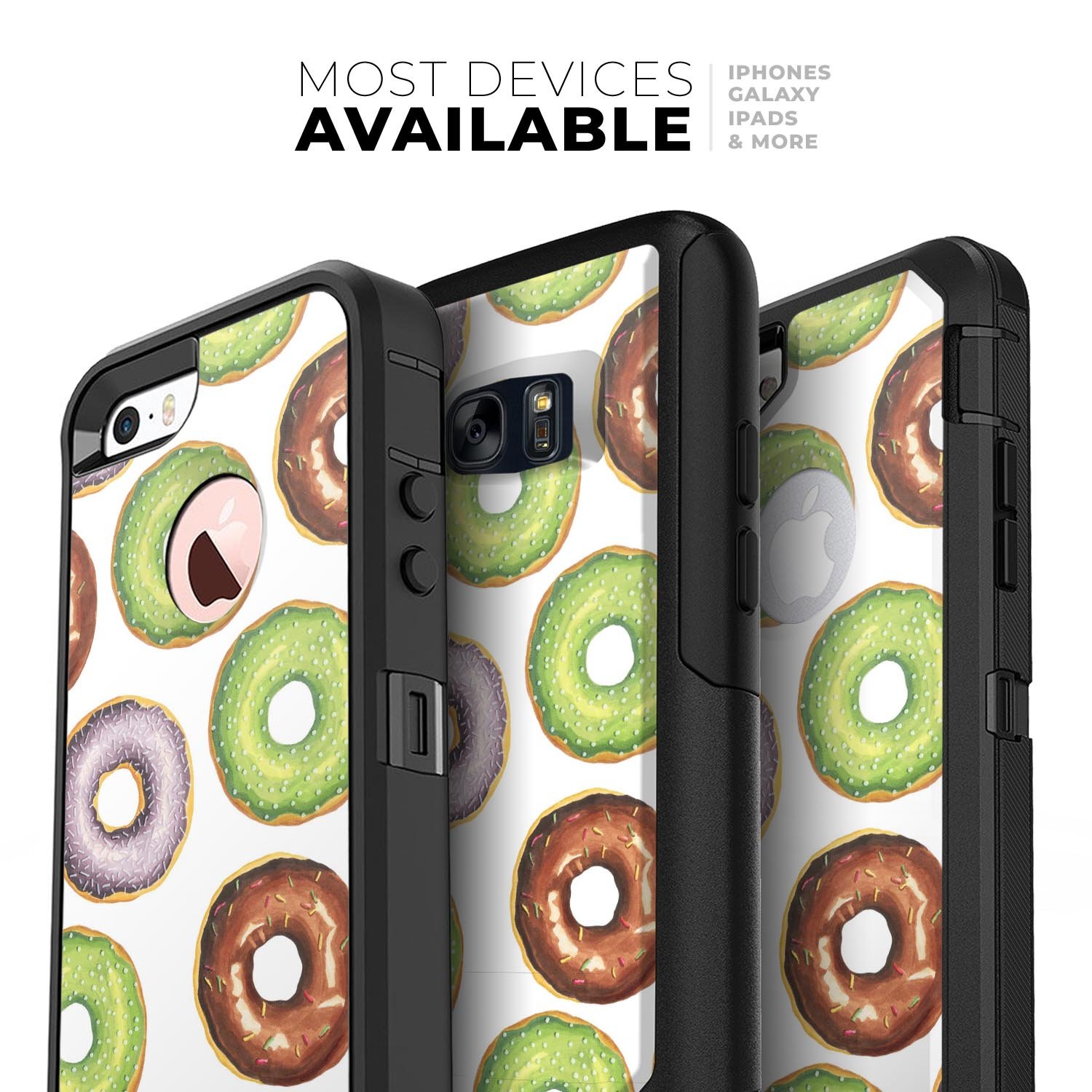 Yummy Donuts Galore Skin Kit for iPhone OtterBox Cases featuring colorful donut designs.