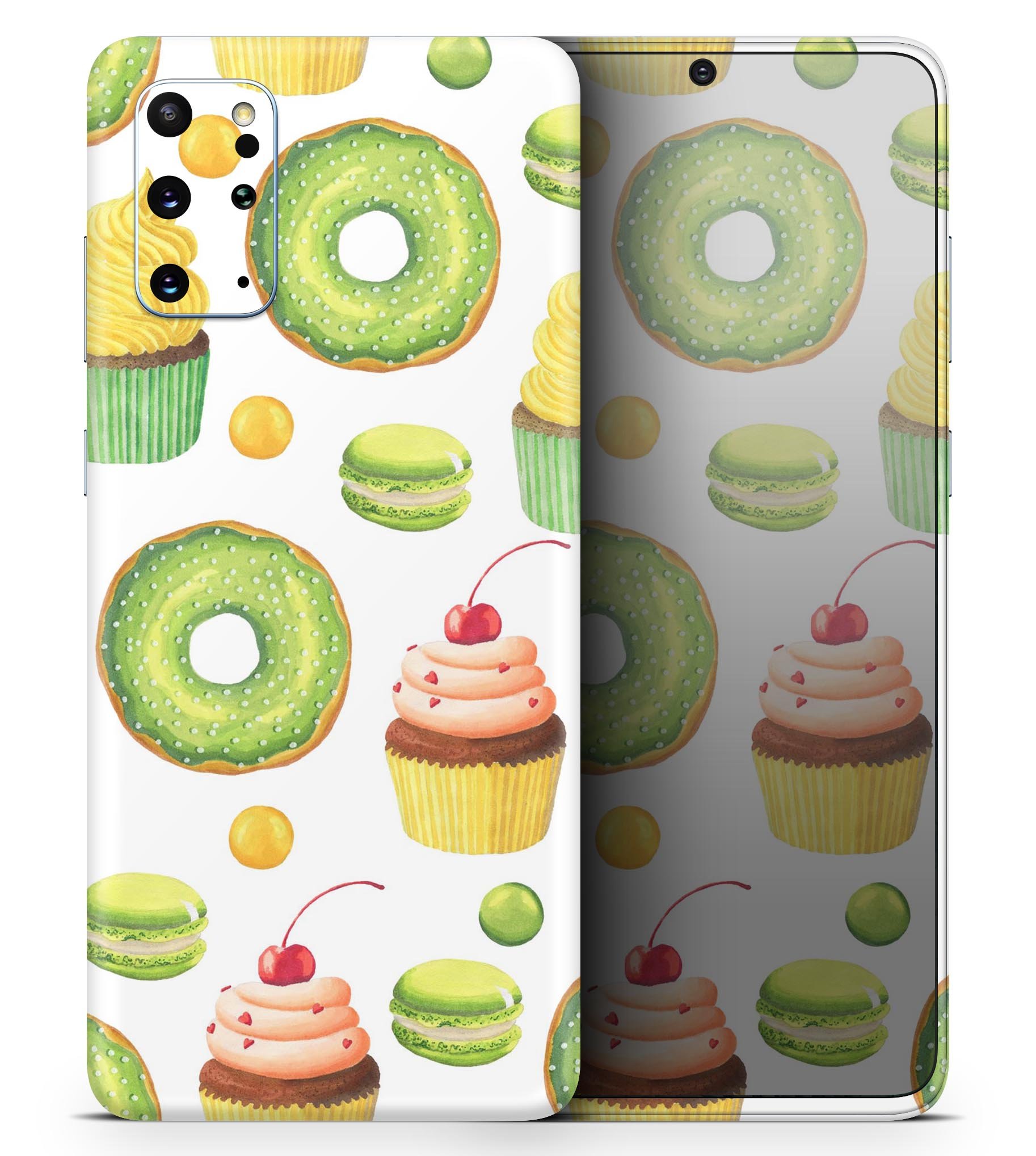 Yummy Galore Bakery Green Treats V1 Skin-Kit for Samsung Galaxy S20, showcasing vibrant design and premium vinyl material.